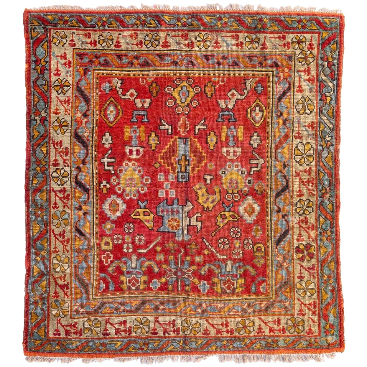 Antique Square Red Gold Light Blue Ivory Turkish Oushak Area Rug circa 1880-1900 For Sale