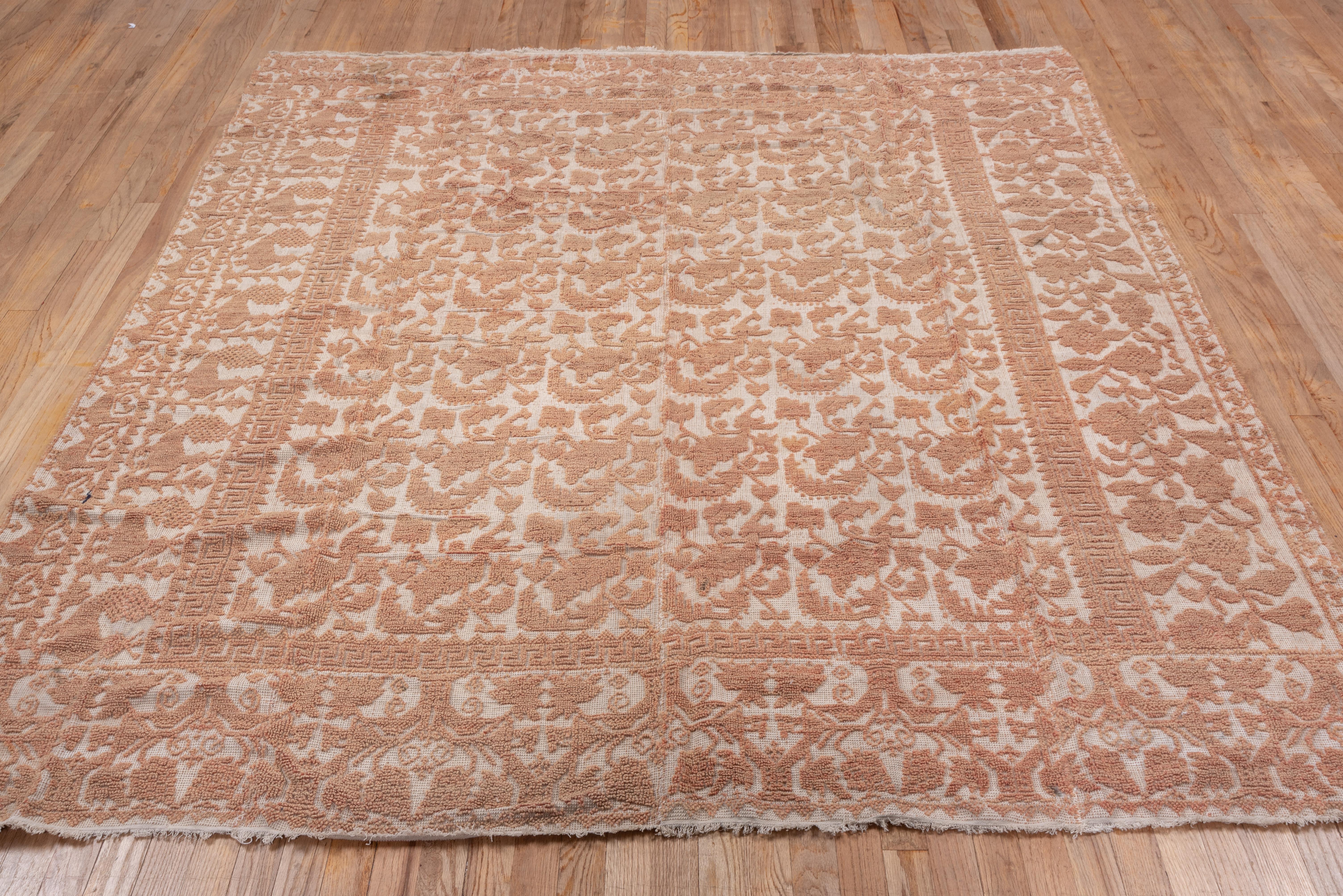 Hand-Knotted Antique Square Spanish Rug, Light Palette, All-Over Field, High Low Pile For Sale