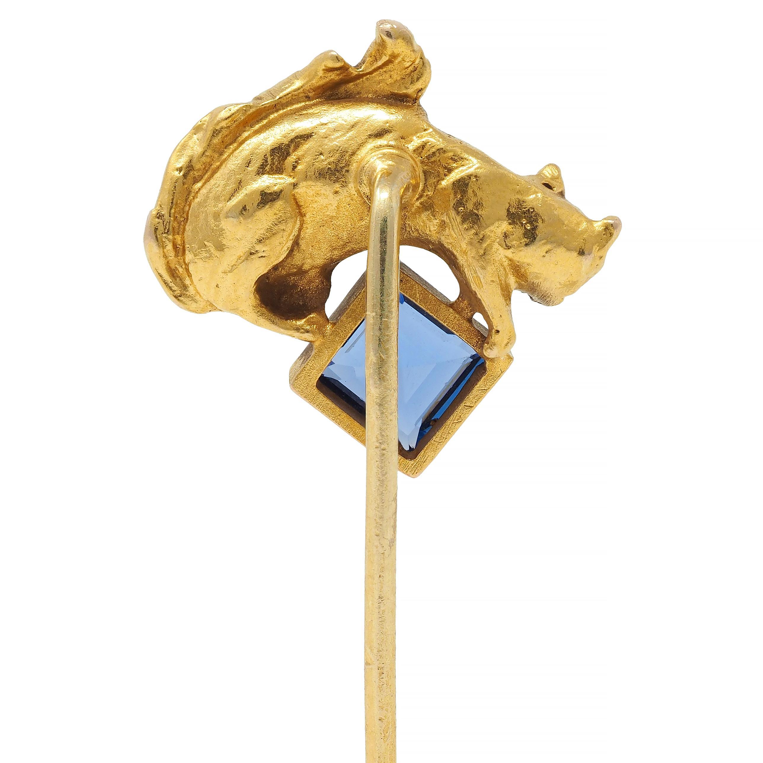 Antique Square Step Cut Sapphire 14 Karat Yellow Gold Squirrel Stickpin In Excellent Condition For Sale In Philadelphia, PA