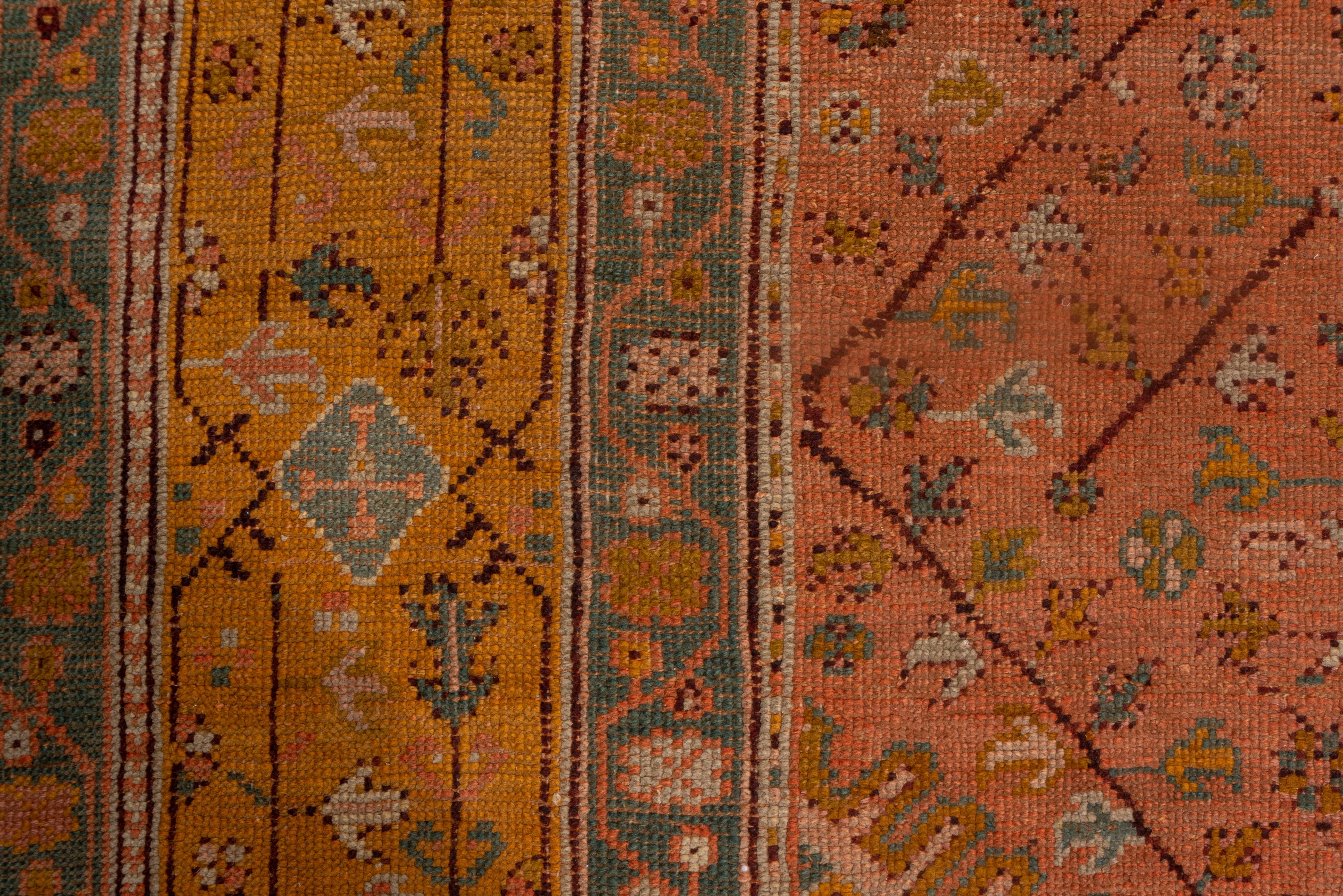 Hand-Knotted Antique Square Turkish Oushak Carpet, Pink Allover Field, Mustard & Green Border For Sale