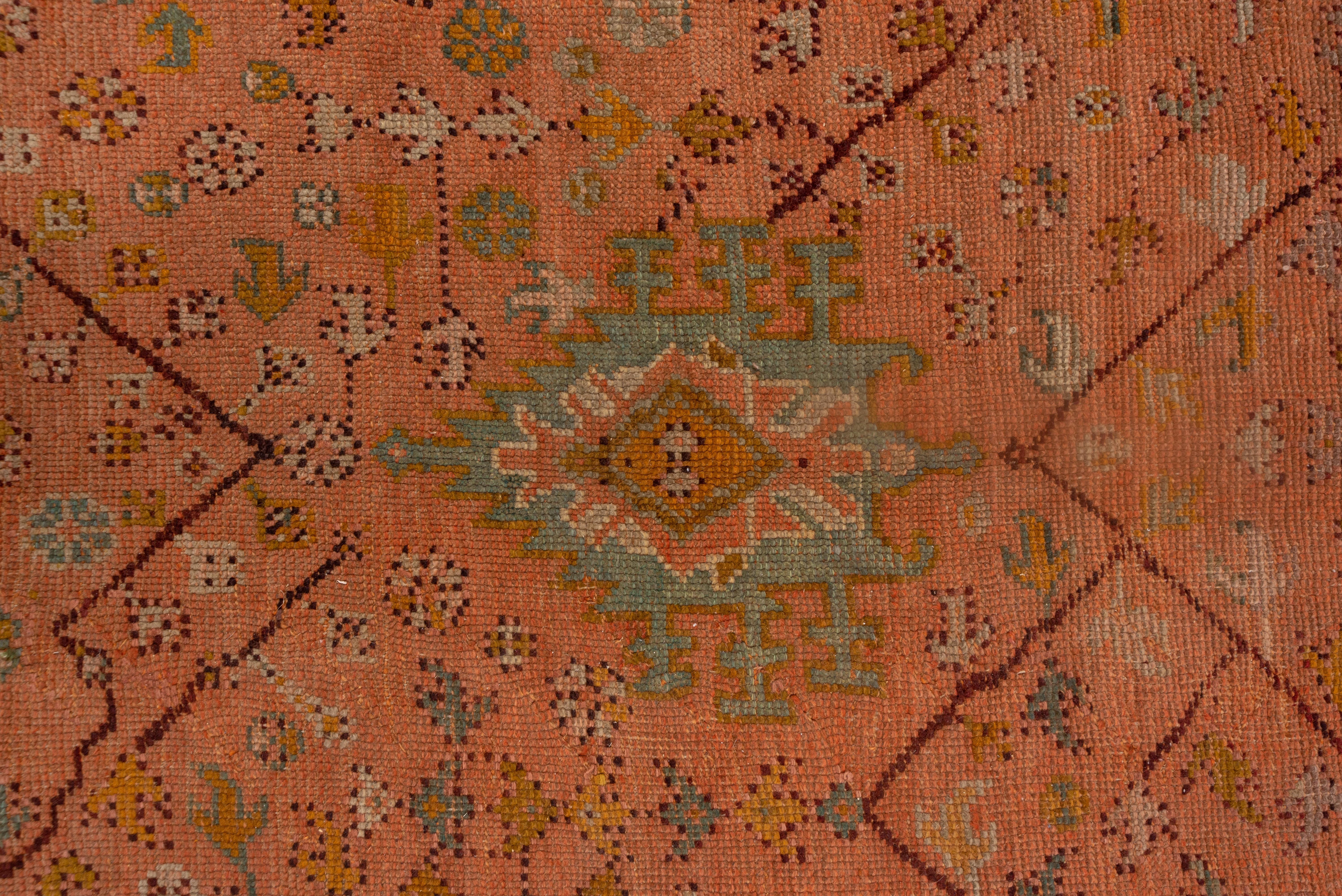 Antique Square Turkish Oushak Carpet, Pink Allover Field, Mustard & Green Border For Sale 1