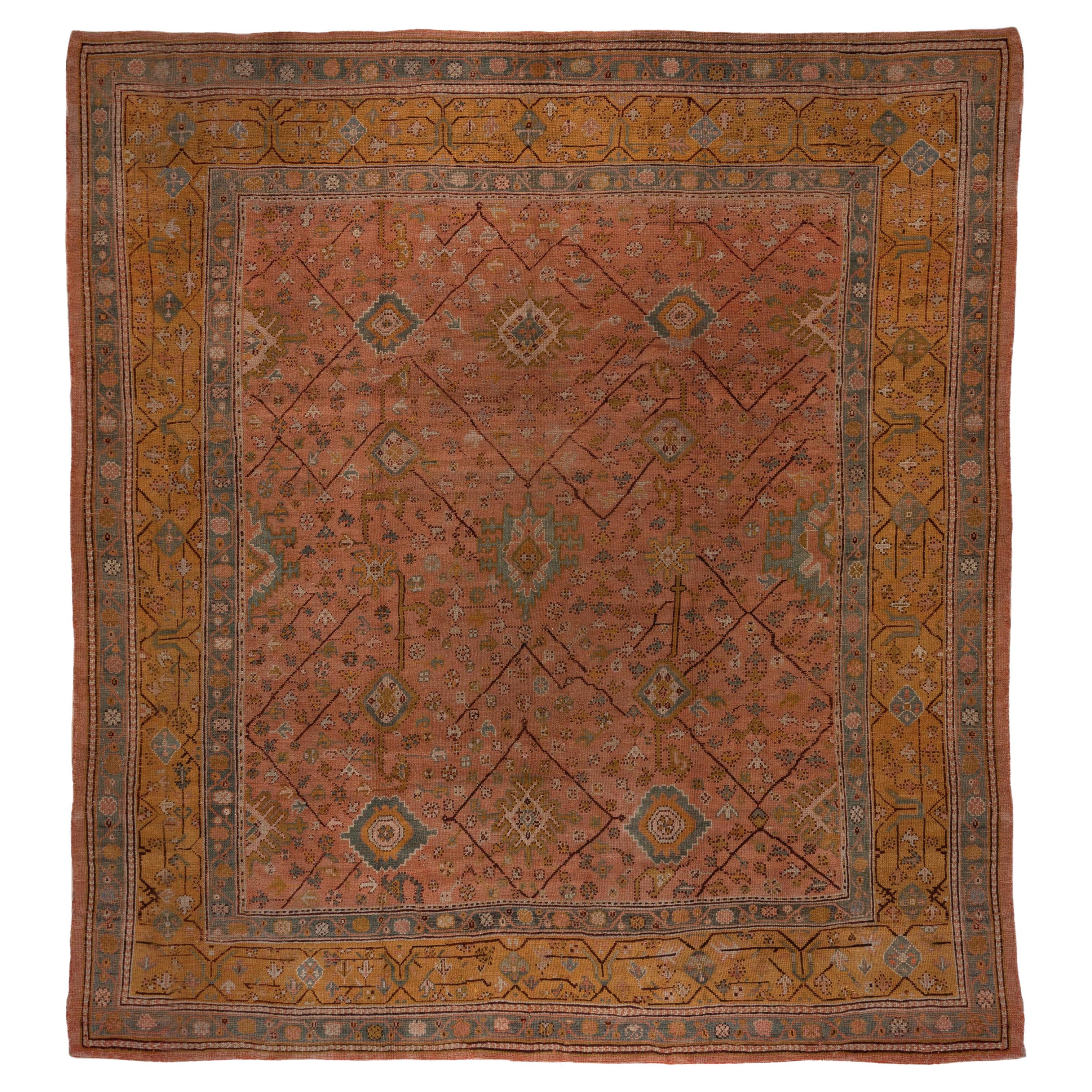 Antique Square Turkish Oushak Carpet, Pink Allover Field, Mustard & Green Border For Sale