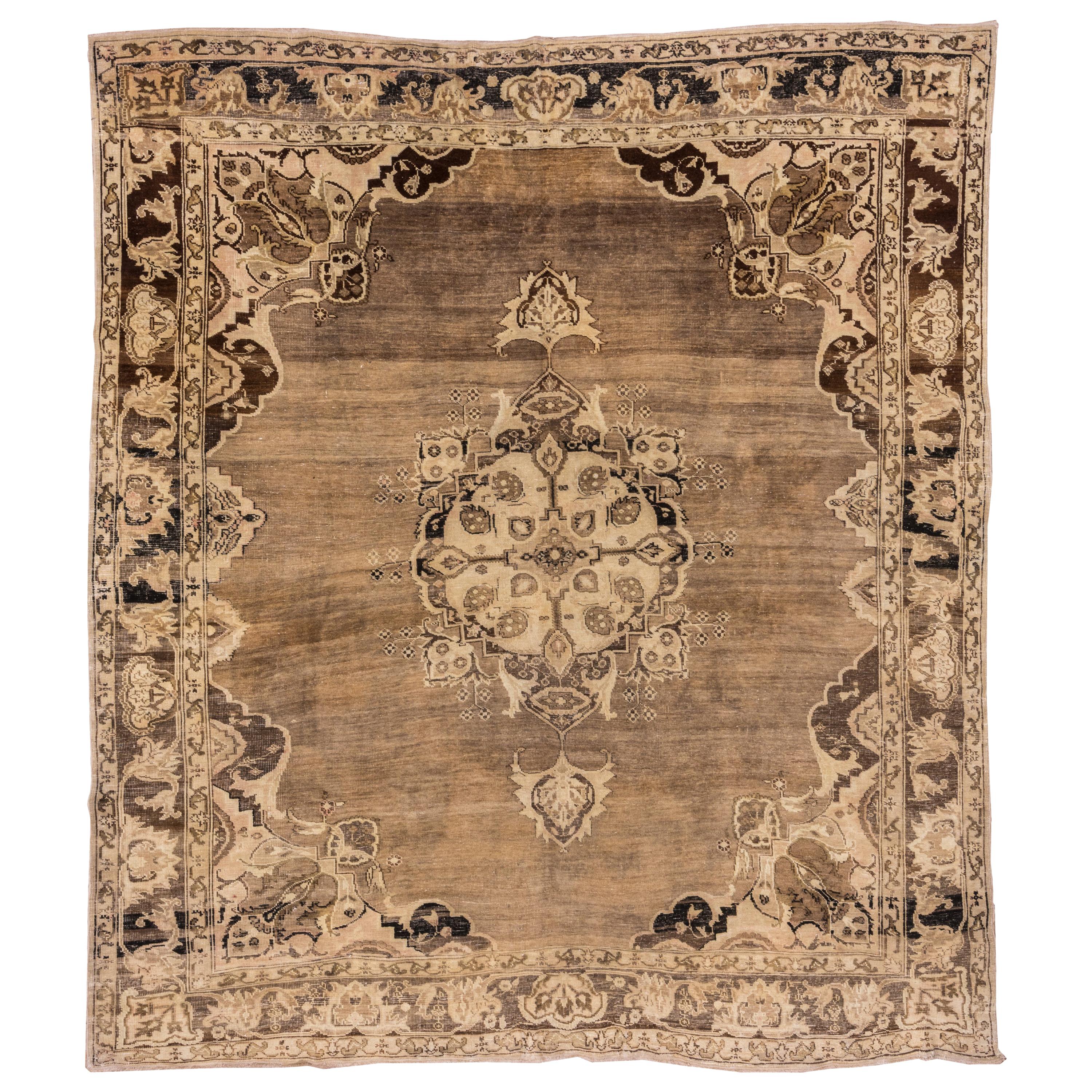 Vintage Turkish Rug with Coral Field and Light Green Center Medallion For Sale at 1stDibs