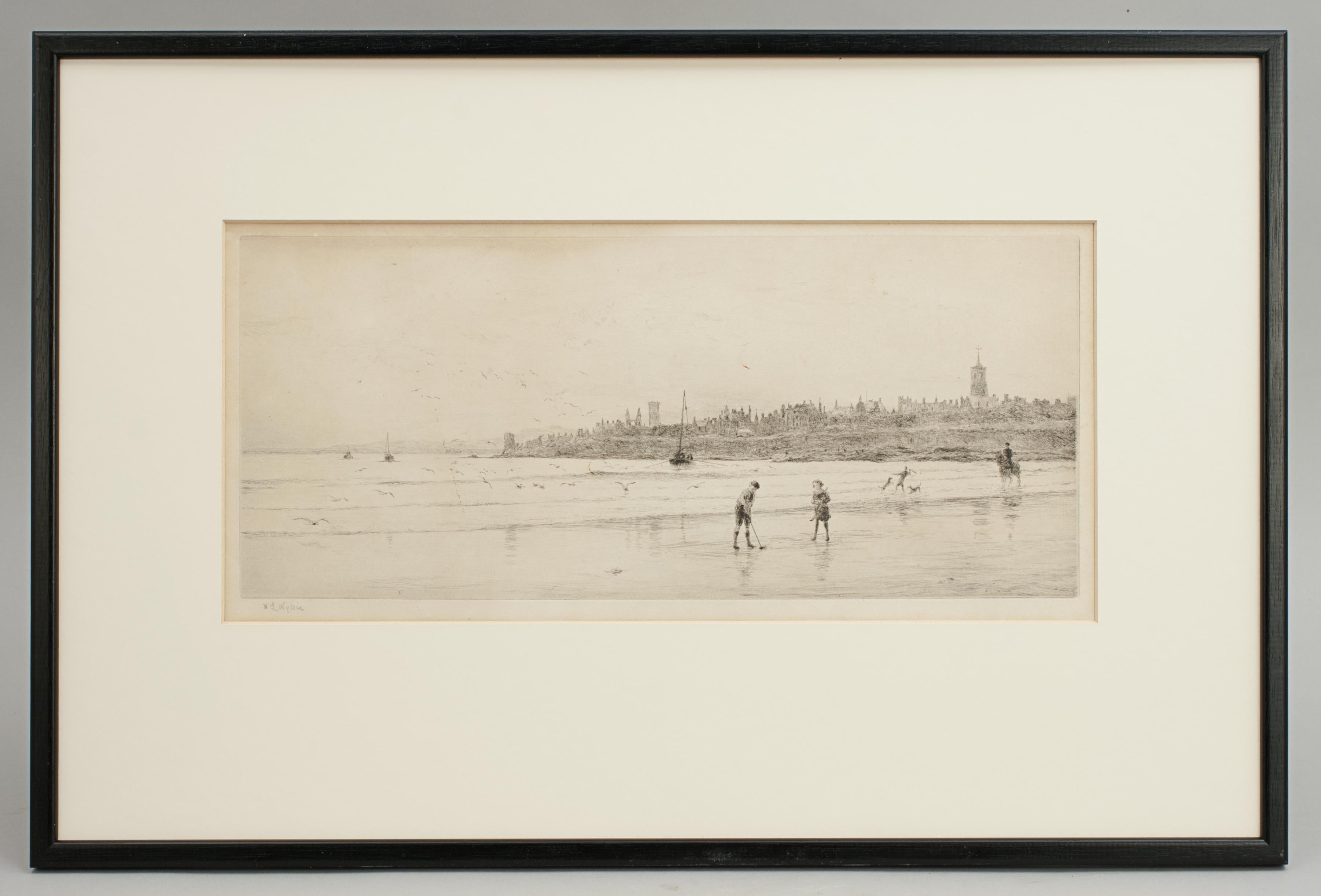 A very charming etching of two children playing golf on the beach at St Andrews, in the background is the town of St Andrews with the Castle & Cathedral prominent in the sky line. Framed in a new black frame and signed in pencil in the lower left