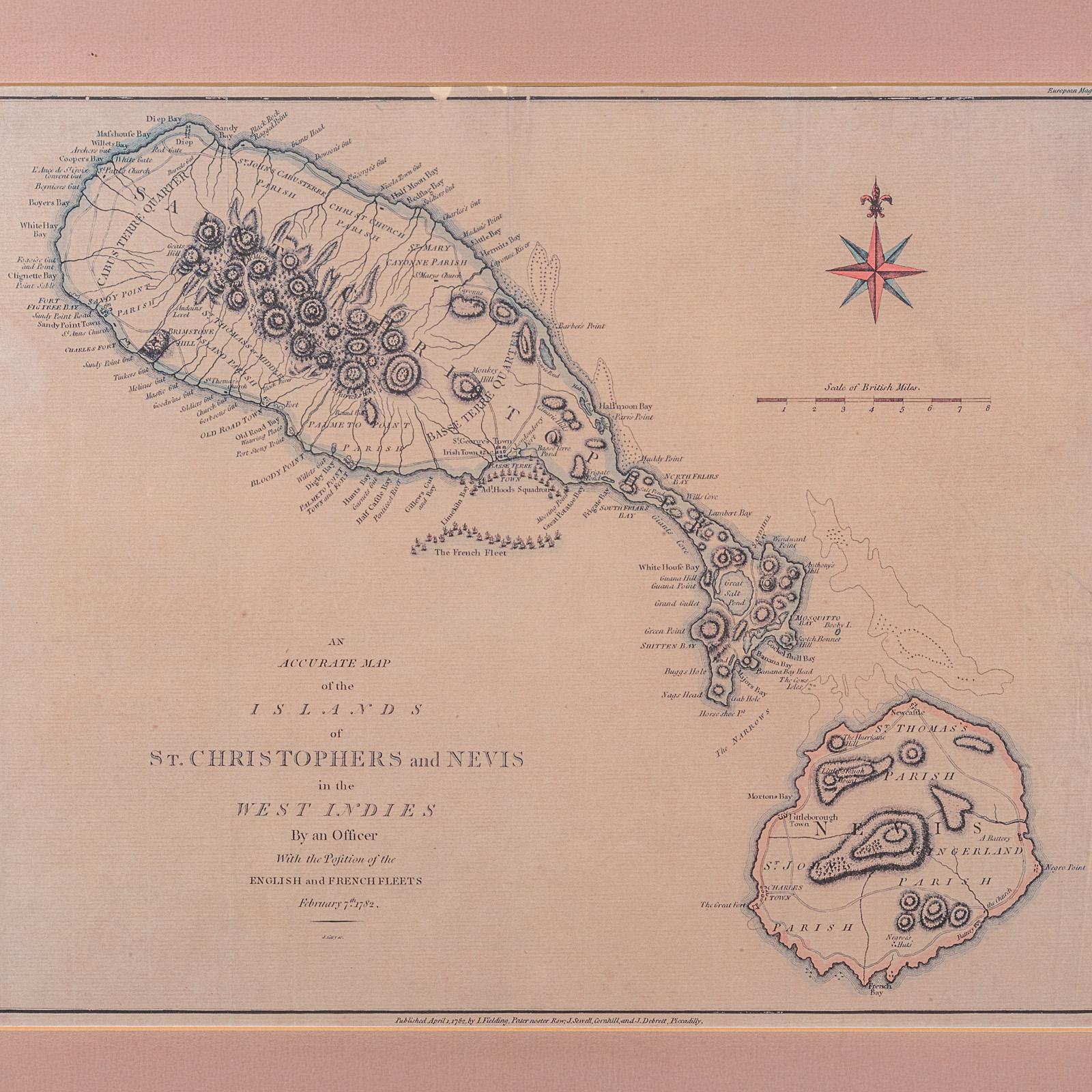 Britannique Carte ancienne de St Christophe et Nevis, anglaise, cartographie des Caraïbes, géorgienne en vente