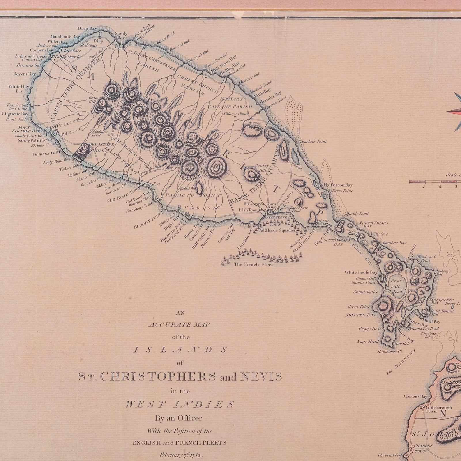 Fin du XVIIIe siècle Carte ancienne de St Christophe et Nevis, anglaise, cartographie des Caraïbes, géorgienne en vente