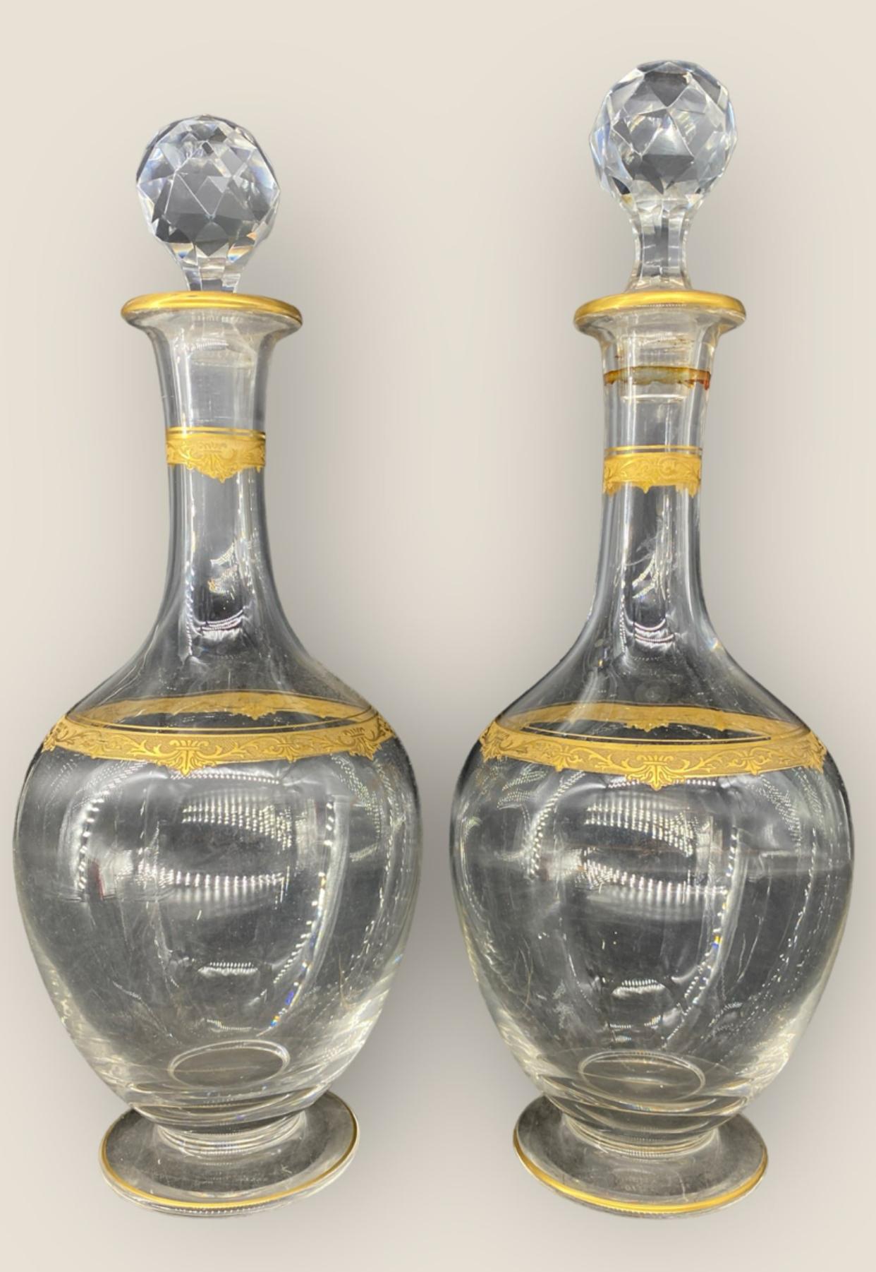 French Antique St. Louis Cristillerie, Gilt Crystal Pair of Wine Decanters