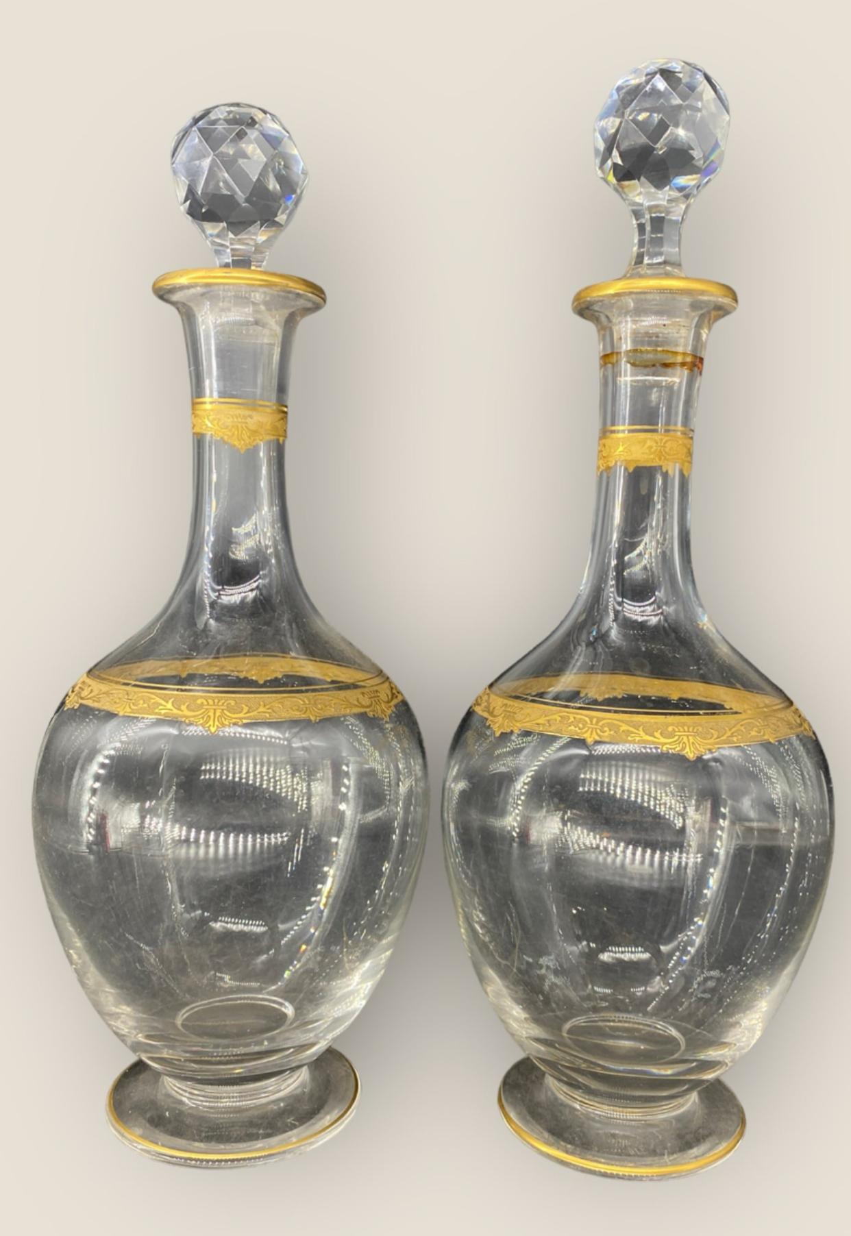 Mid-20th Century Antique St. Louis Cristillerie, Gilt Crystal Pair of Wine Decanters