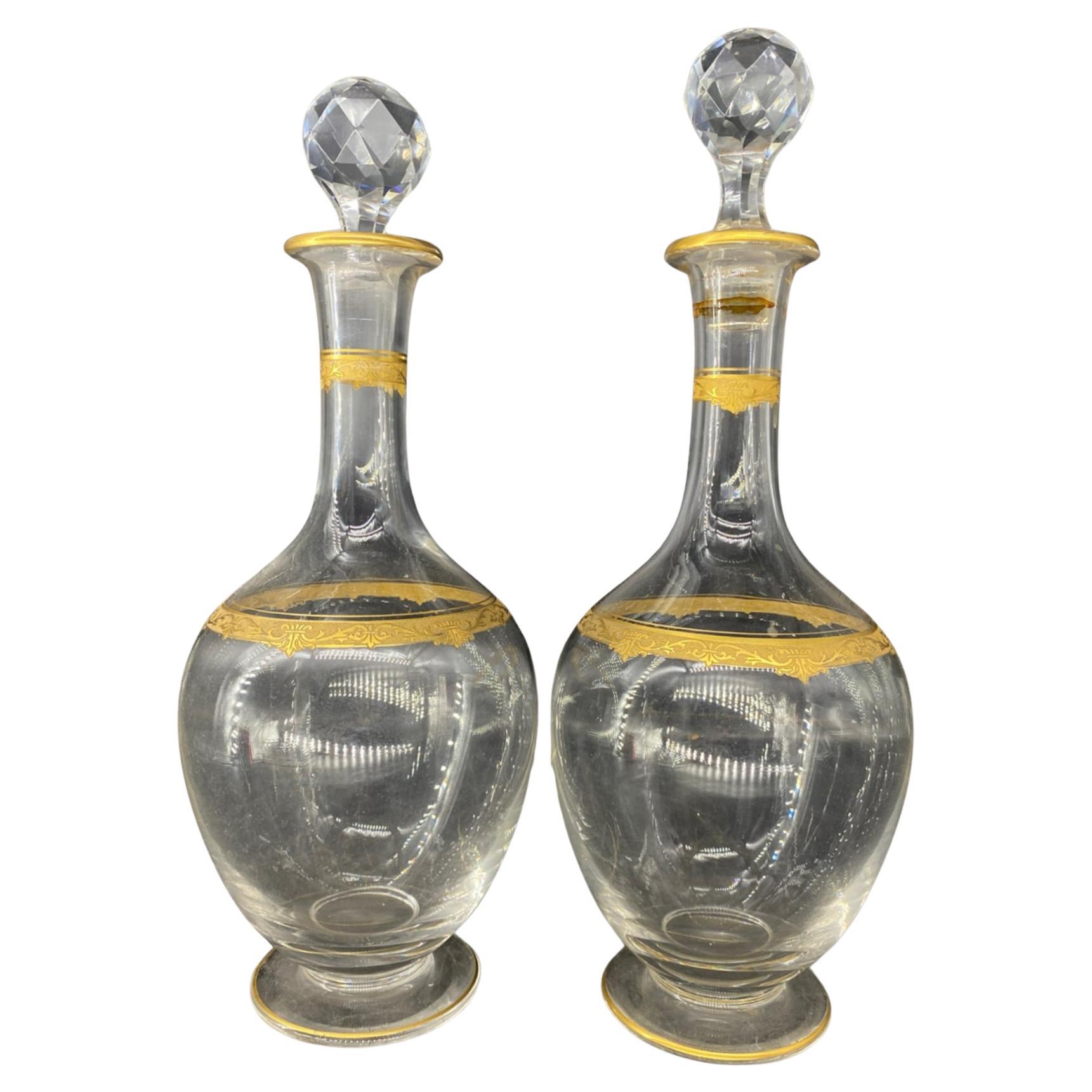 Antique St. Louis Cristillerie, Gilt Crystal Pair of Wine Decanters