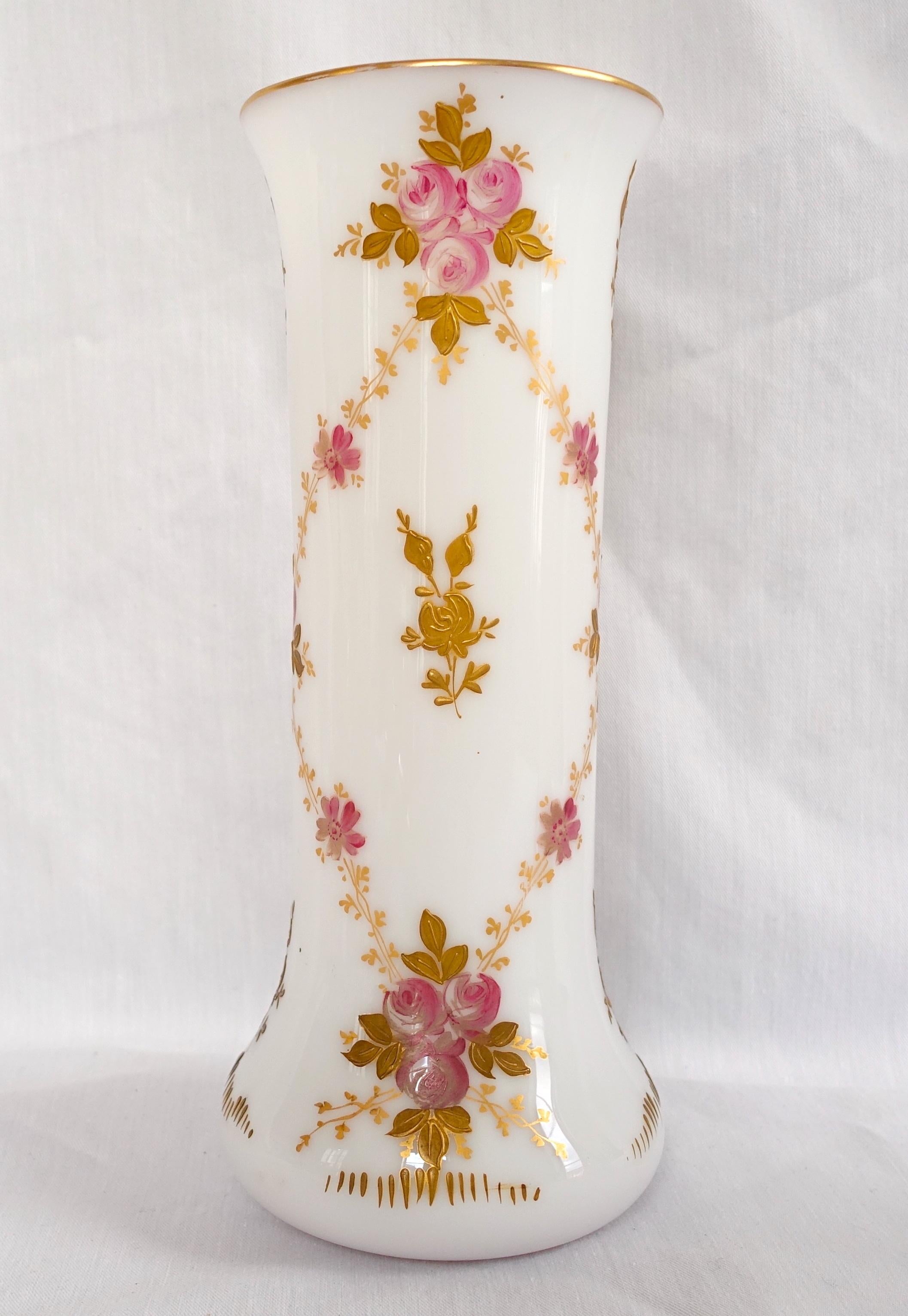A fine opaline crystal vase by French crystal maker St Louis.
Our vase is hand-painted and enhanced with fine gold peonies decoration.
Beautiful Napoleon III style production, late 19th century production circa 1890 - 1900.
In outstanding condition
