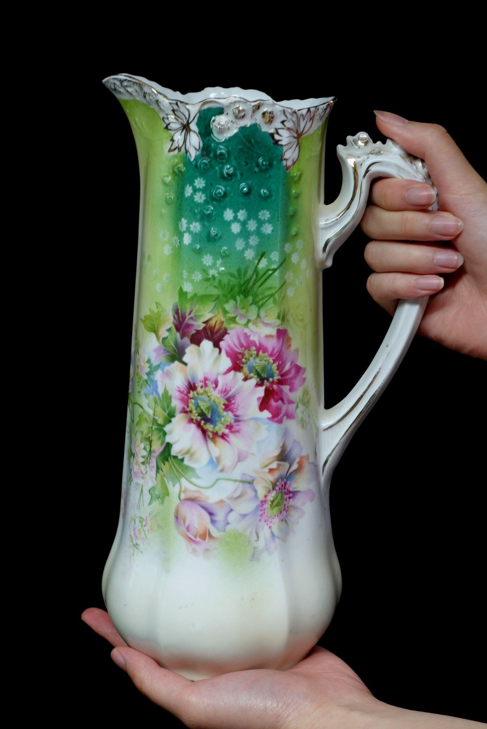 A wonderful antique S&T RS Germany large tankard absolutely 100% hand-painted floral in the multi-colored pink, purple, red, and rich green leaves, delicate arrangement of the composition, more in some places but less in opposite locations. light