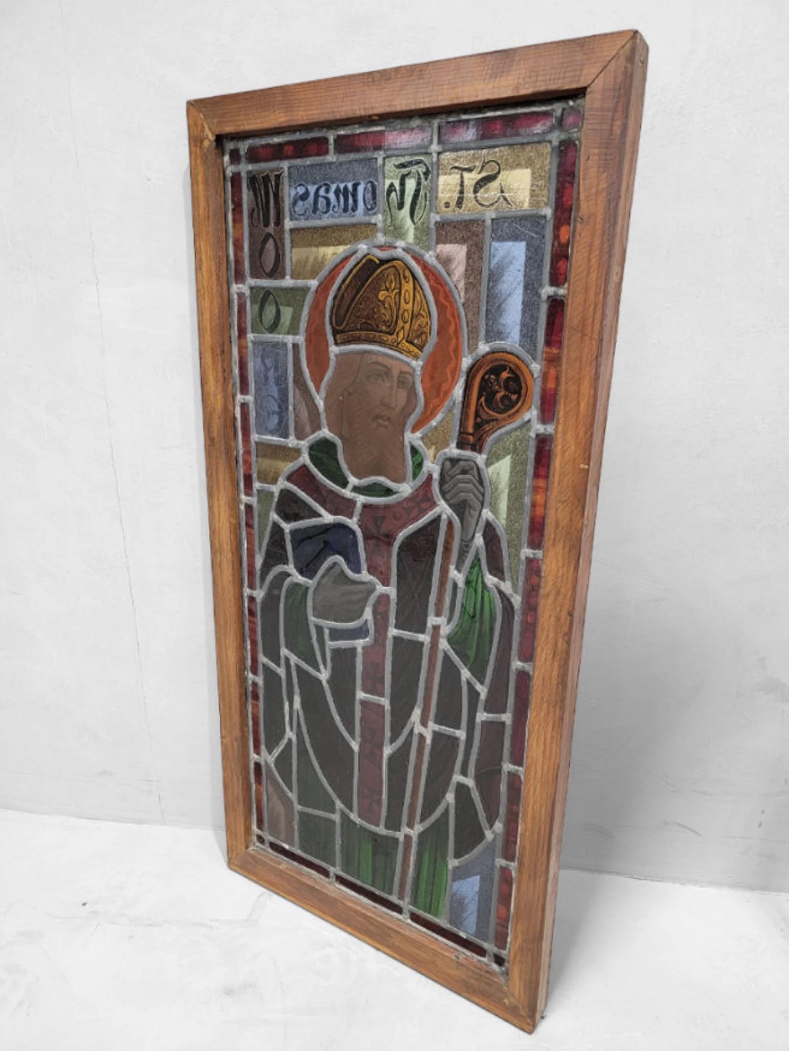 Arts and Crafts Antique St. Thomas Moore Church Salvage Wood Framed Stained Glass Window For Sale
