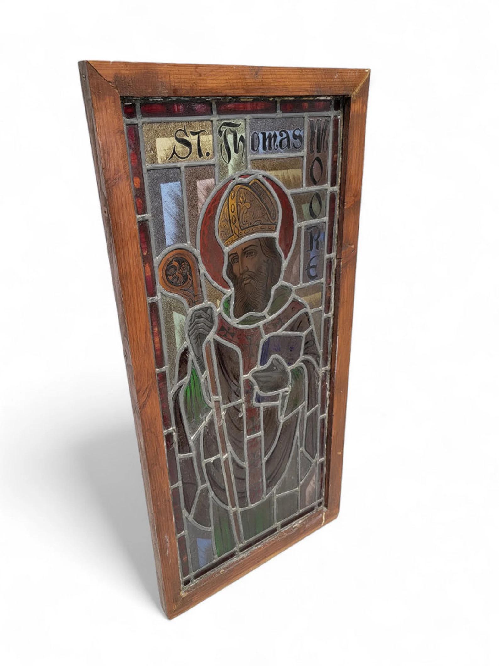 Unknown Antique St. Thomas Moore Church Salvage Wood Framed Stained Glass Window For Sale