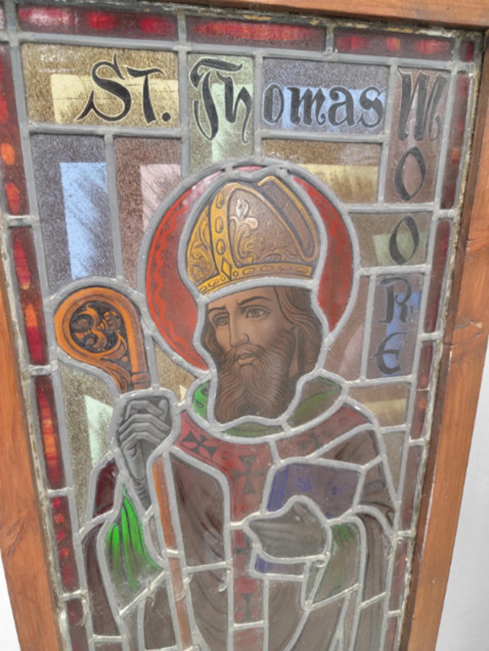 Antique St. Thomas Moore Church Salvage Wood Framed Stained Glass Window In Good Condition For Sale In Chicago, IL