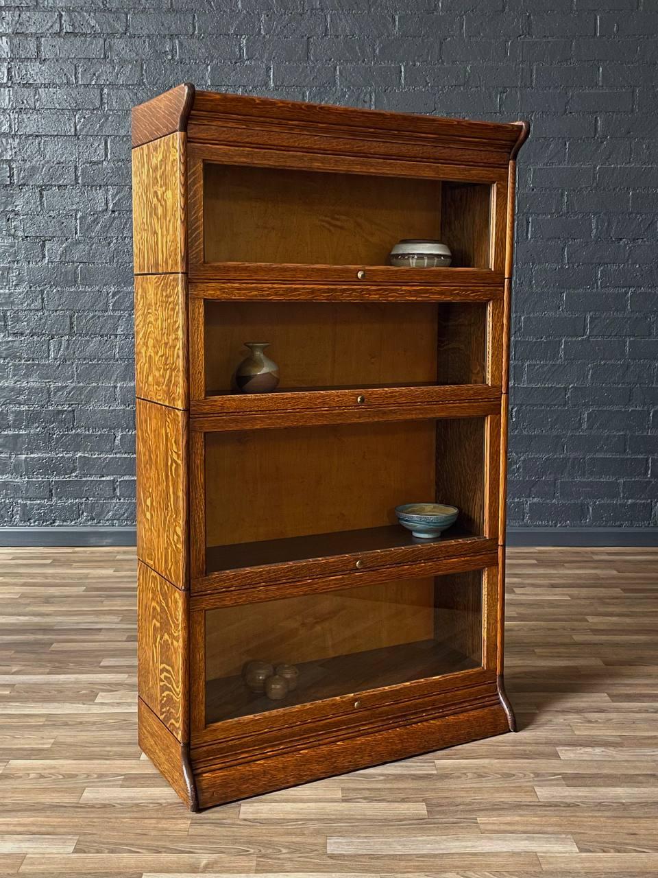 Arts and Crafts Antique Stackable Barristers Oak Bookcase w/ Glass Sliding Doors For Sale