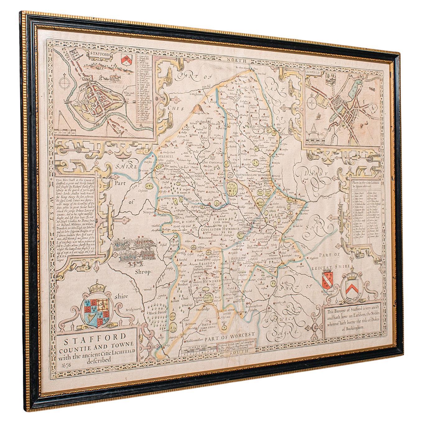 Antique Stafford County Map, English, Atlas Engraving, 17th Century, Cartography
