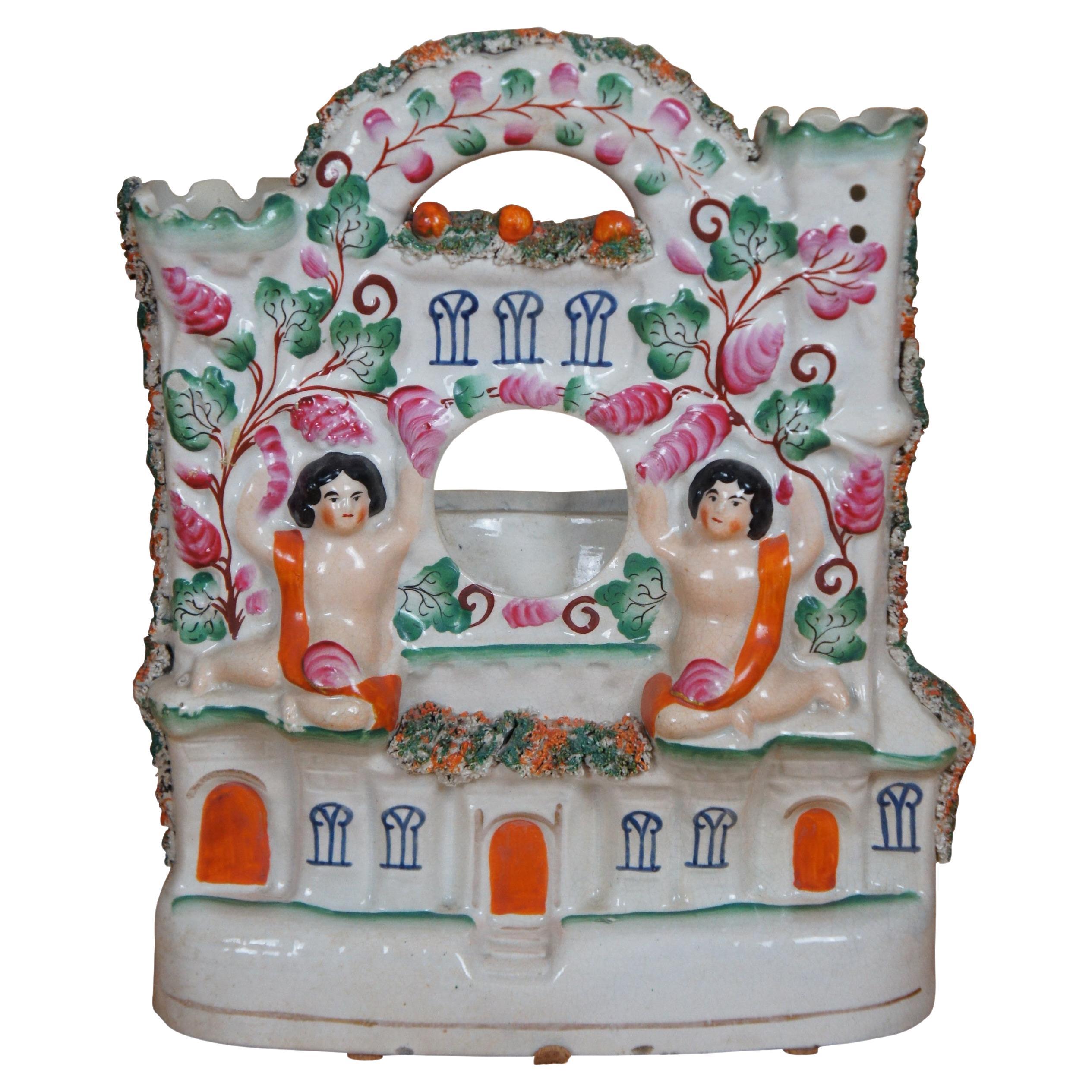 Antique Staffordshire Castle Cherub Pocket Watch Tower Spill Vase 10" For Sale