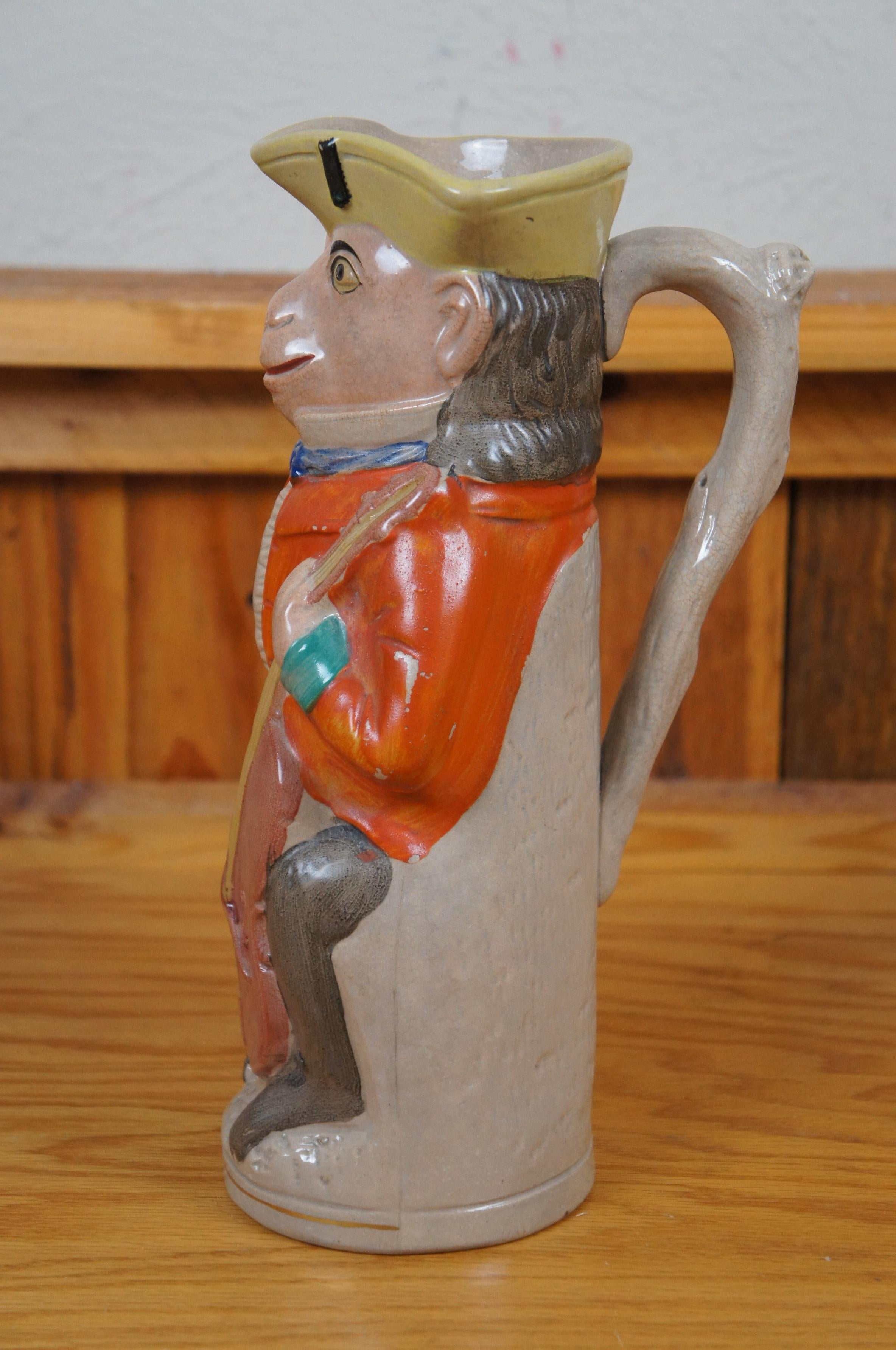19th Century Antique Staffordshire Colonial Monkey Playing Cello Toby Pitcher Jug 12