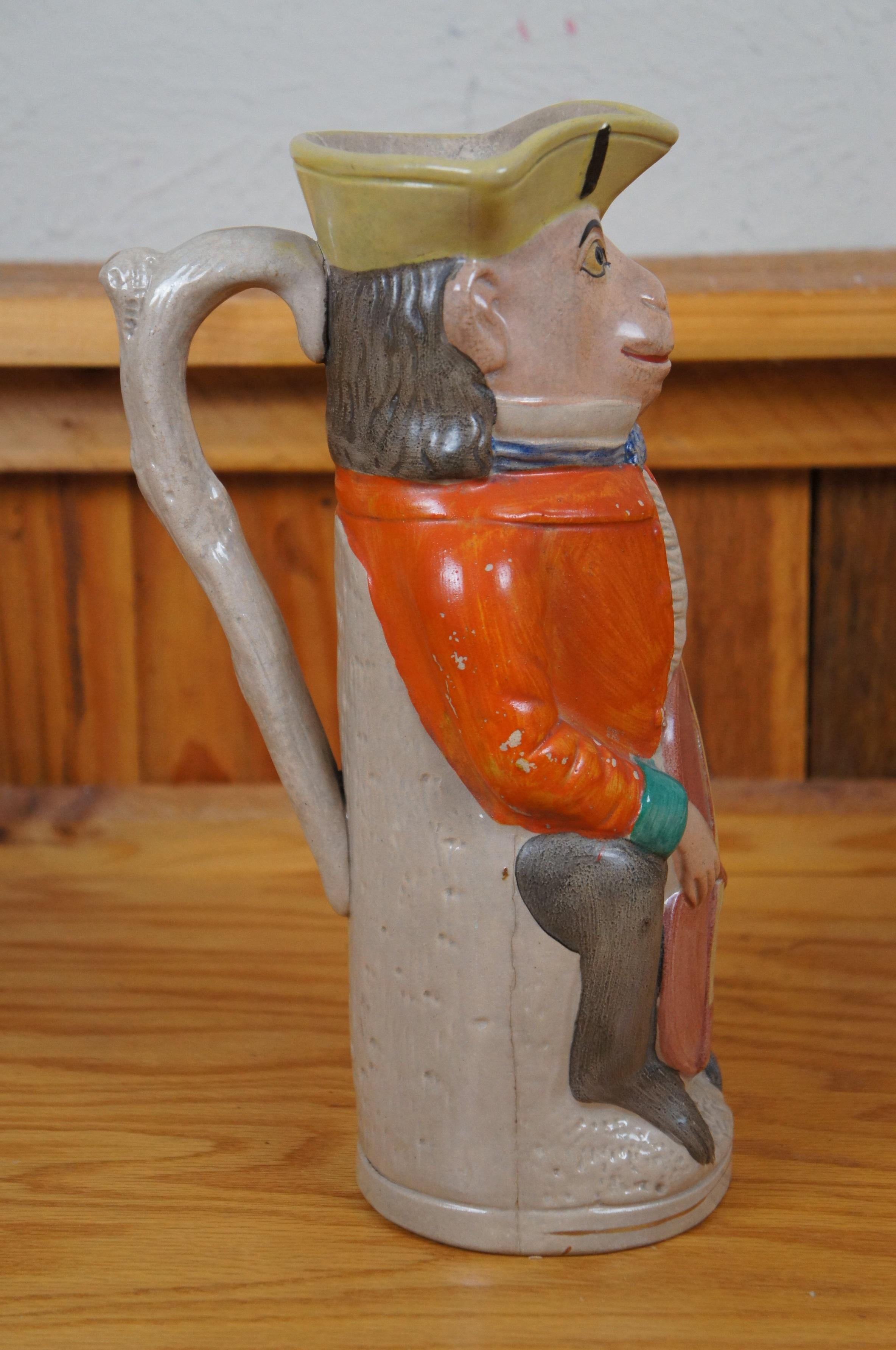 Porcelain Antique Staffordshire Colonial Monkey Playing Cello Toby Pitcher Jug 12
