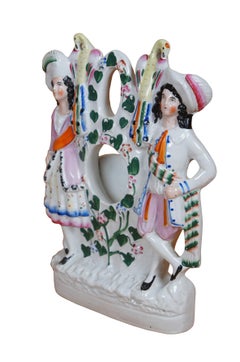Antique Staffordshire Couple w Peacocks Pocket Watch Holder Figurine 11"