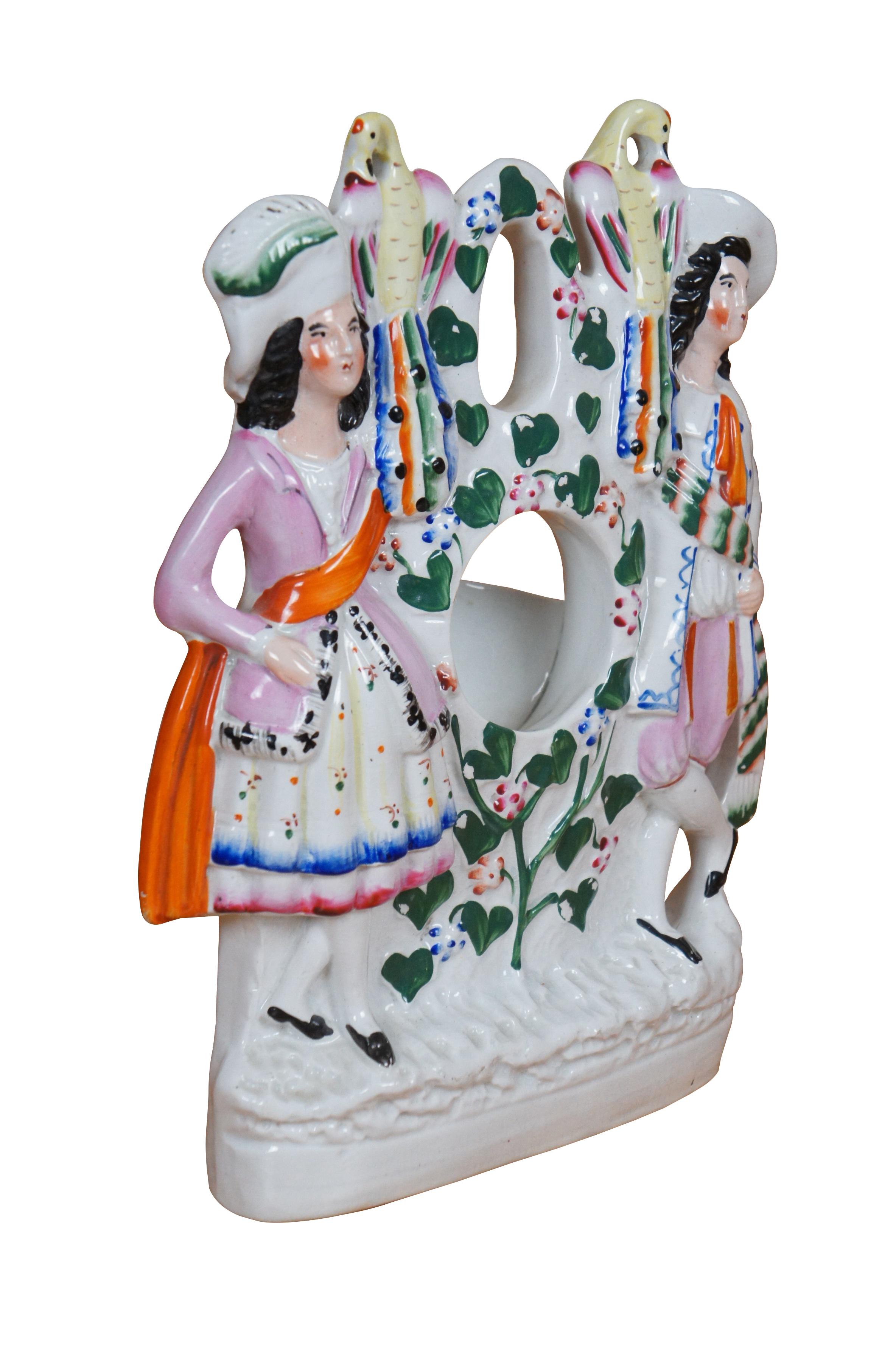 Victorian Antique Staffordshire Couple w Peacocks Pocket Watch Holder Figurine 11