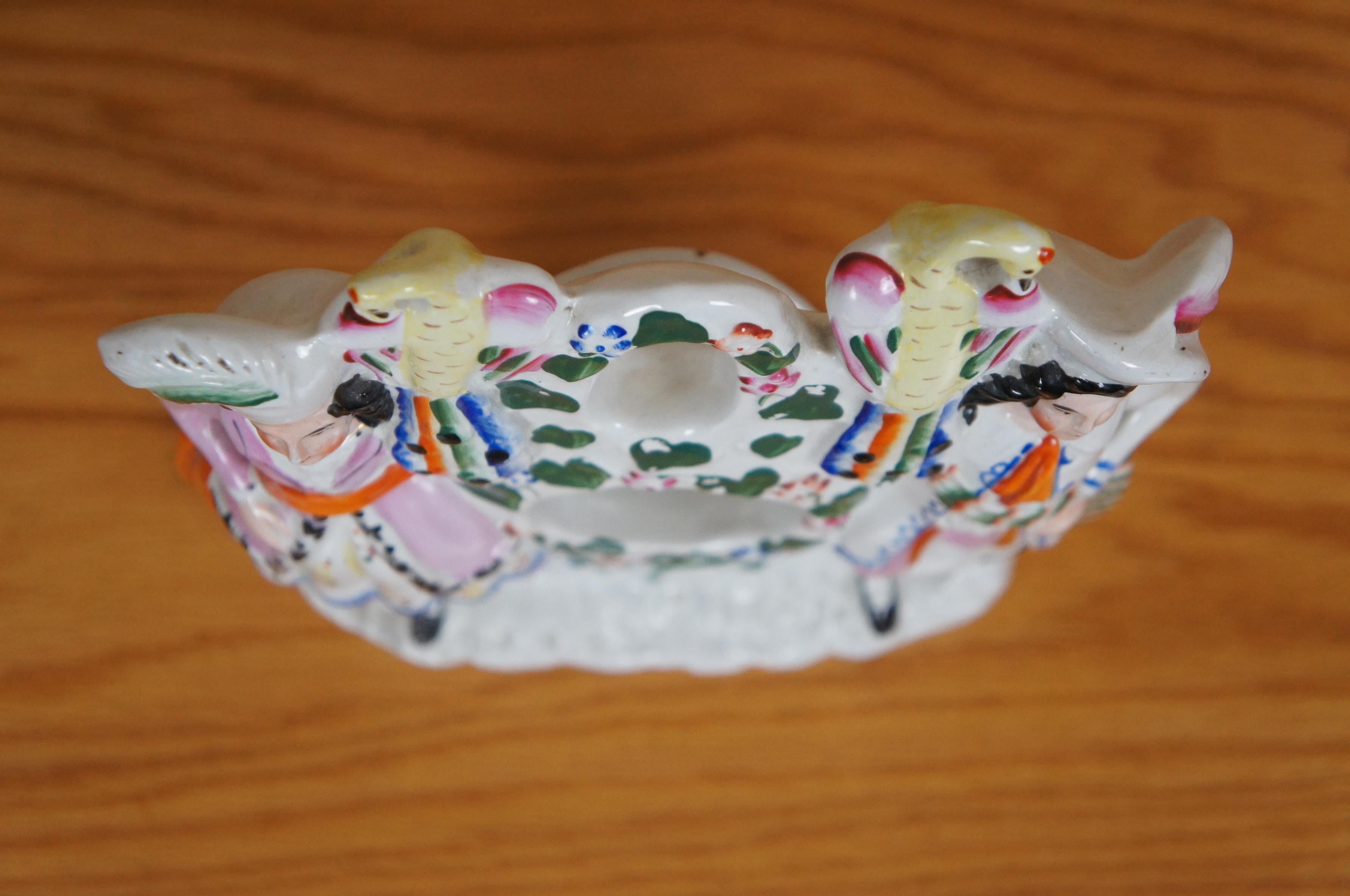 Porcelain Antique Staffordshire Couple w Peacocks Pocket Watch Holder Figurine 11