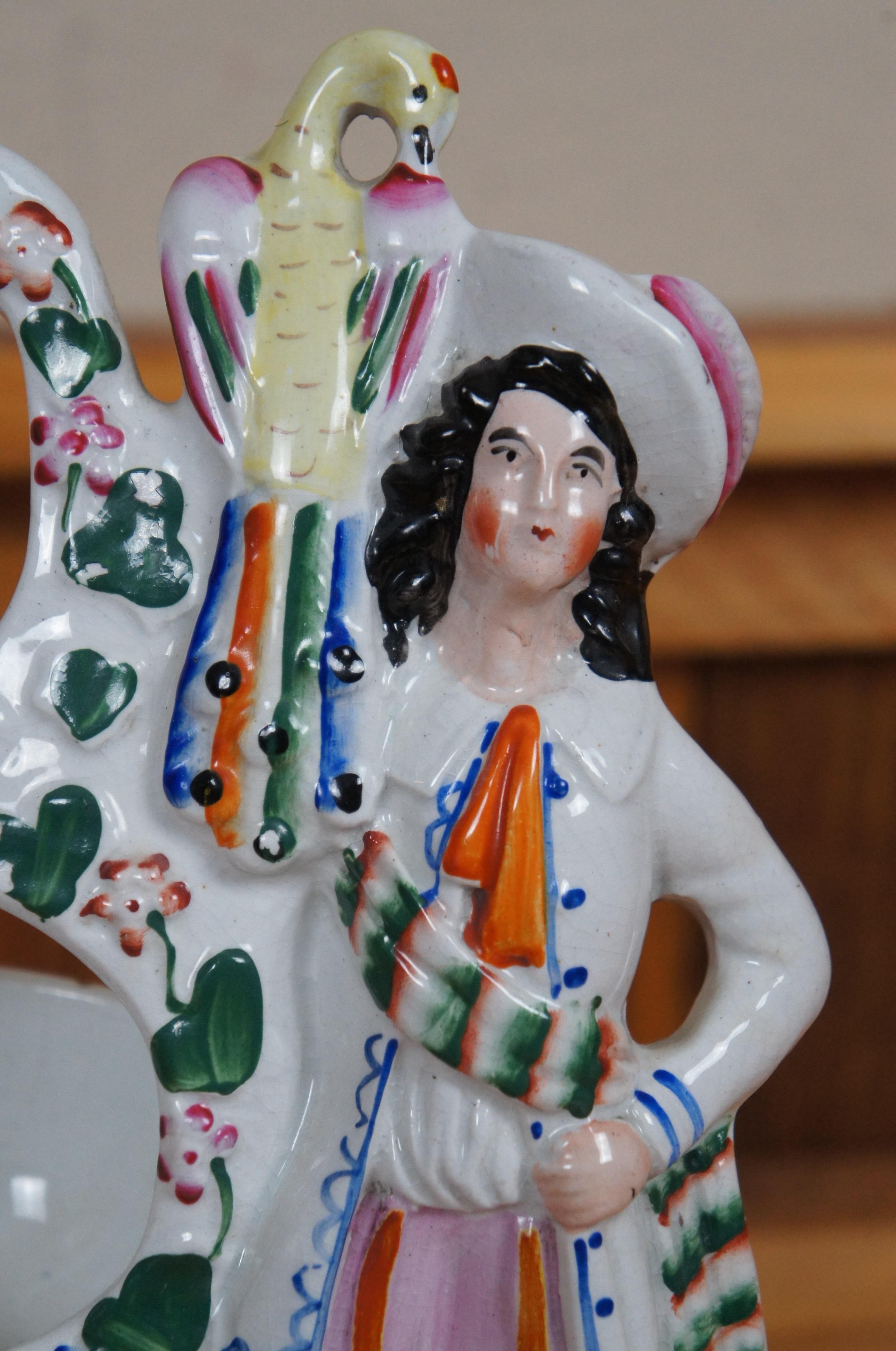 Antique Staffordshire Couple w Peacocks Pocket Watch Holder Figurine 11
