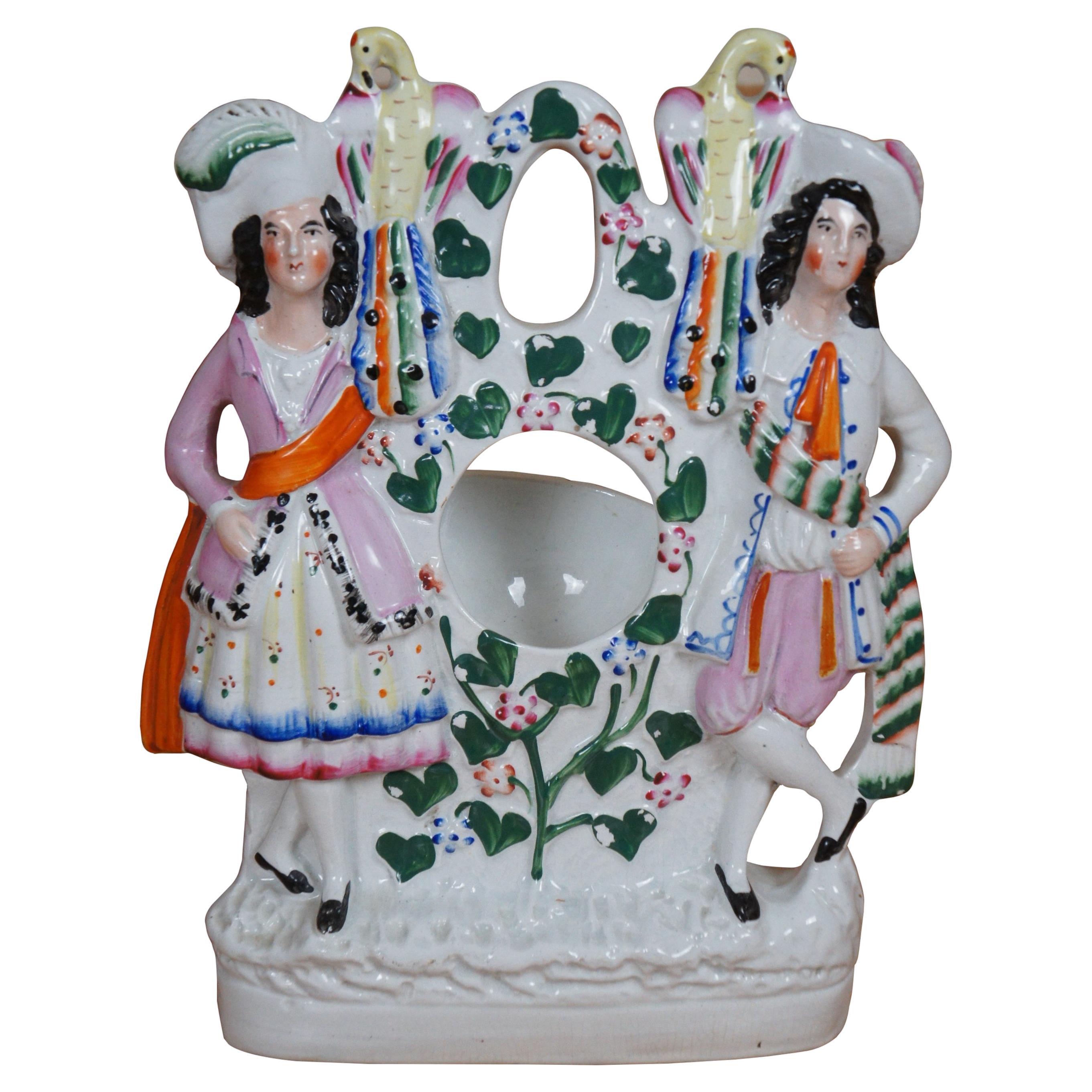 Antique Staffordshire Couple w Peacocks Pocket Watch Holder Figurine 11"