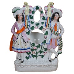 Antique Staffordshire Couple w Peacocks Pocket Watch Holder Figurine 11"