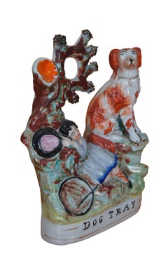 Antique Staffordshire Dog Tray Sleeping Girl Spaniel Flatback Figurine 9"