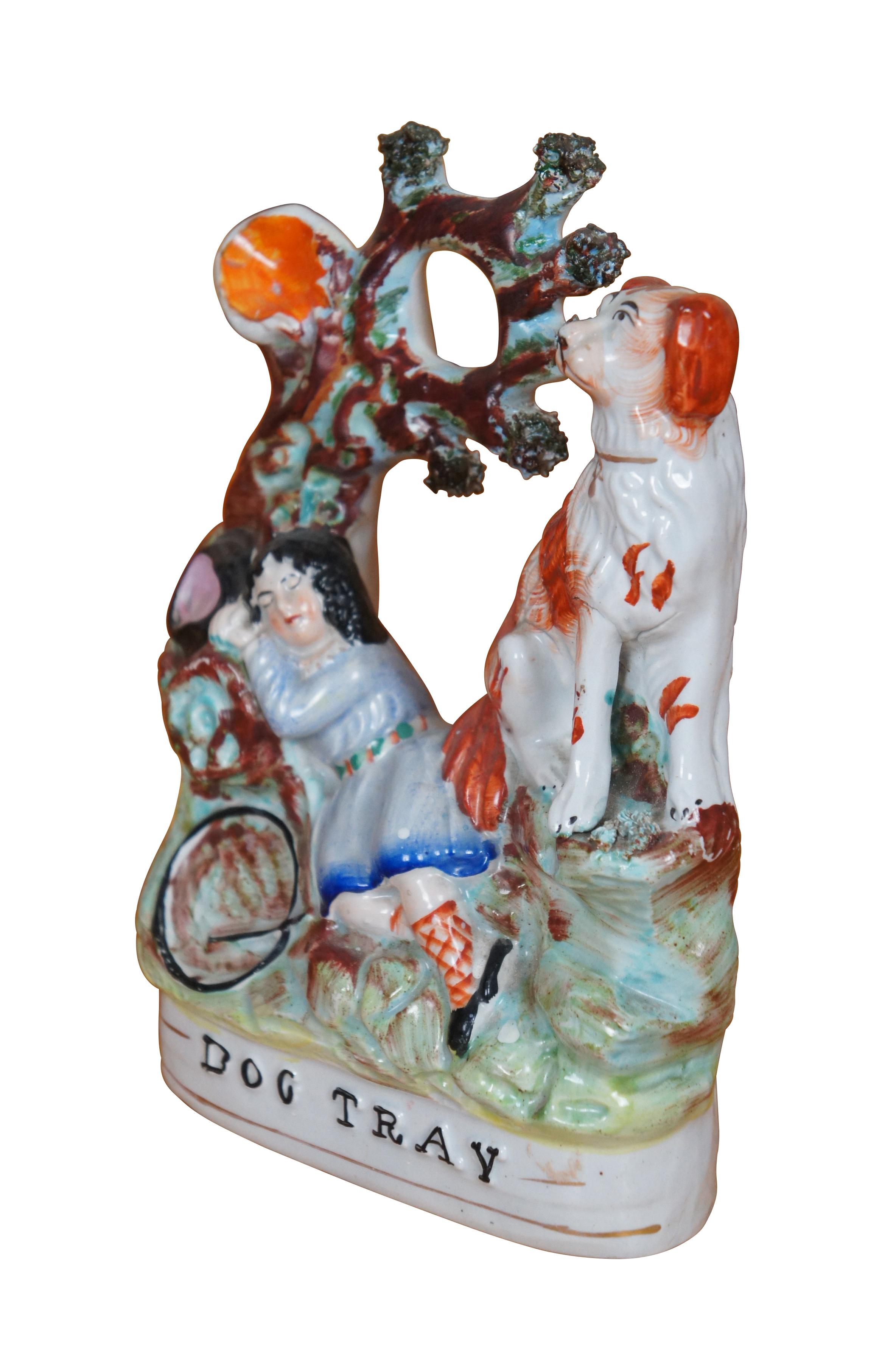 Victorian Antique Staffordshire Dog Tray Sleeping Girl Spaniel Flatback Figurine 9