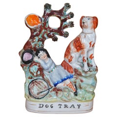 Antique Staffordshire Dog Tray Sleeping Girl Spaniel Flatback Figurine 9"
