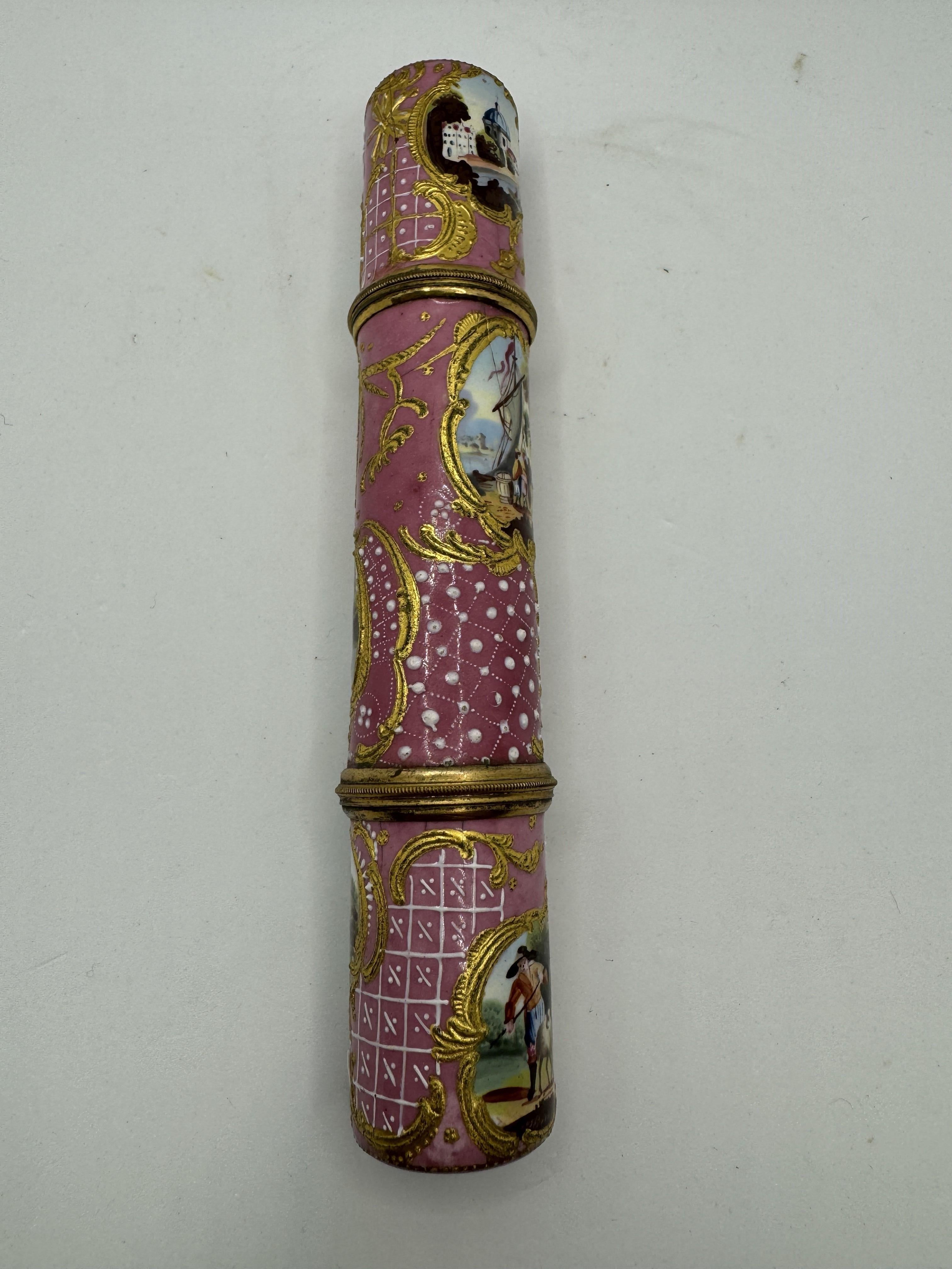 Georgian Antique Staffordshire Enamel Cylindrical Etui / Bodkin Case, circa 1765