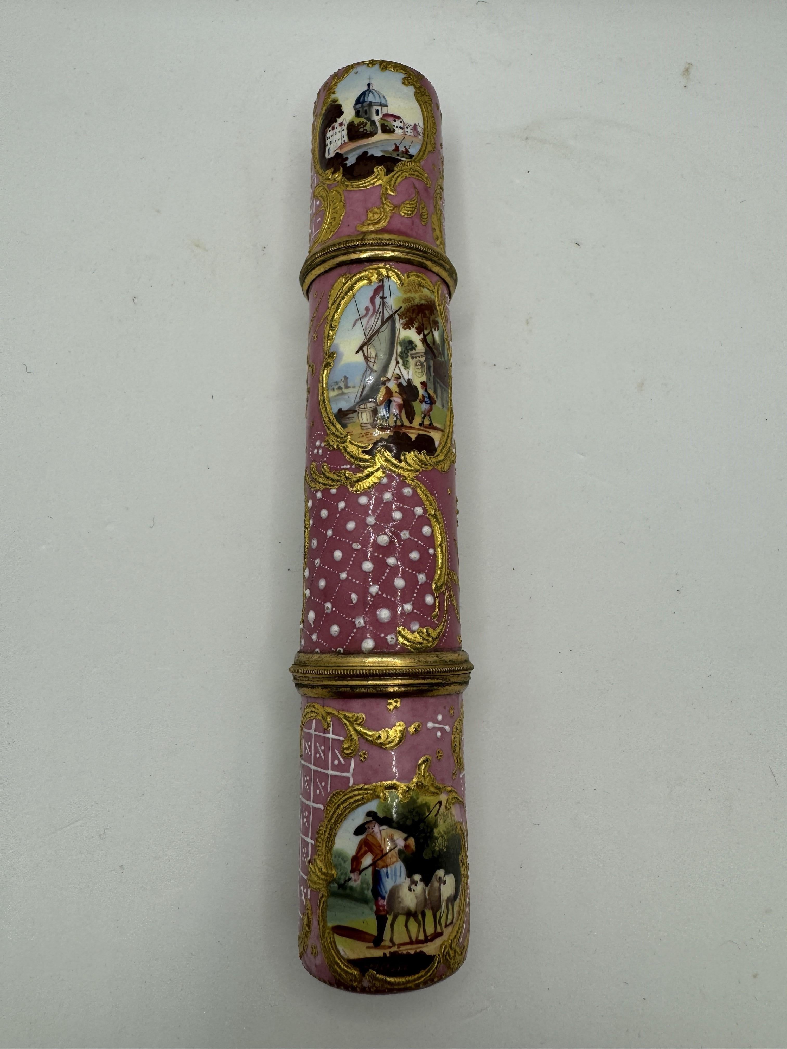English Antique Staffordshire Enamel Cylindrical Etui / Bodkin Case, circa 1765