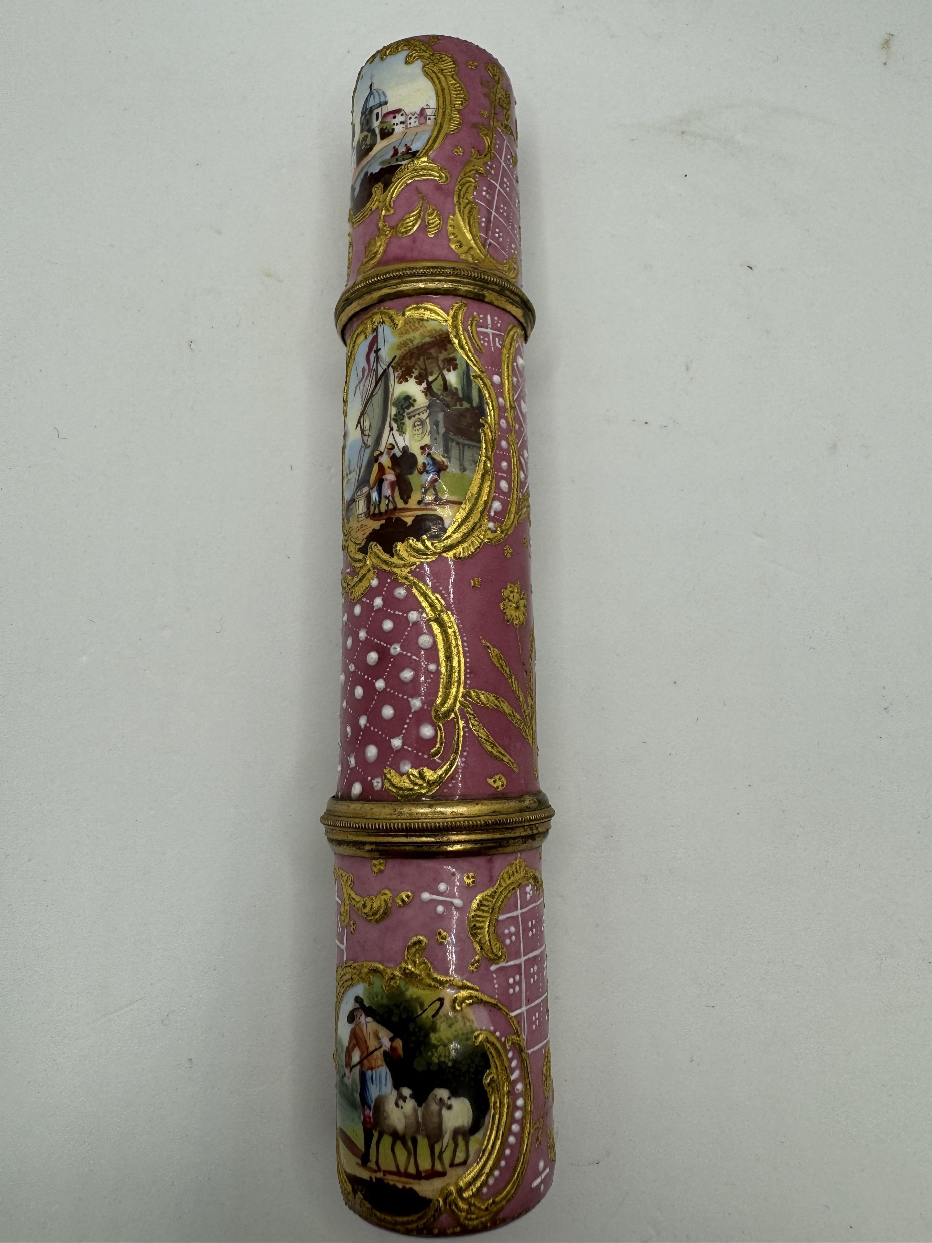 Gilt Antique Staffordshire Enamel Cylindrical Etui / Bodkin Case, circa 1765