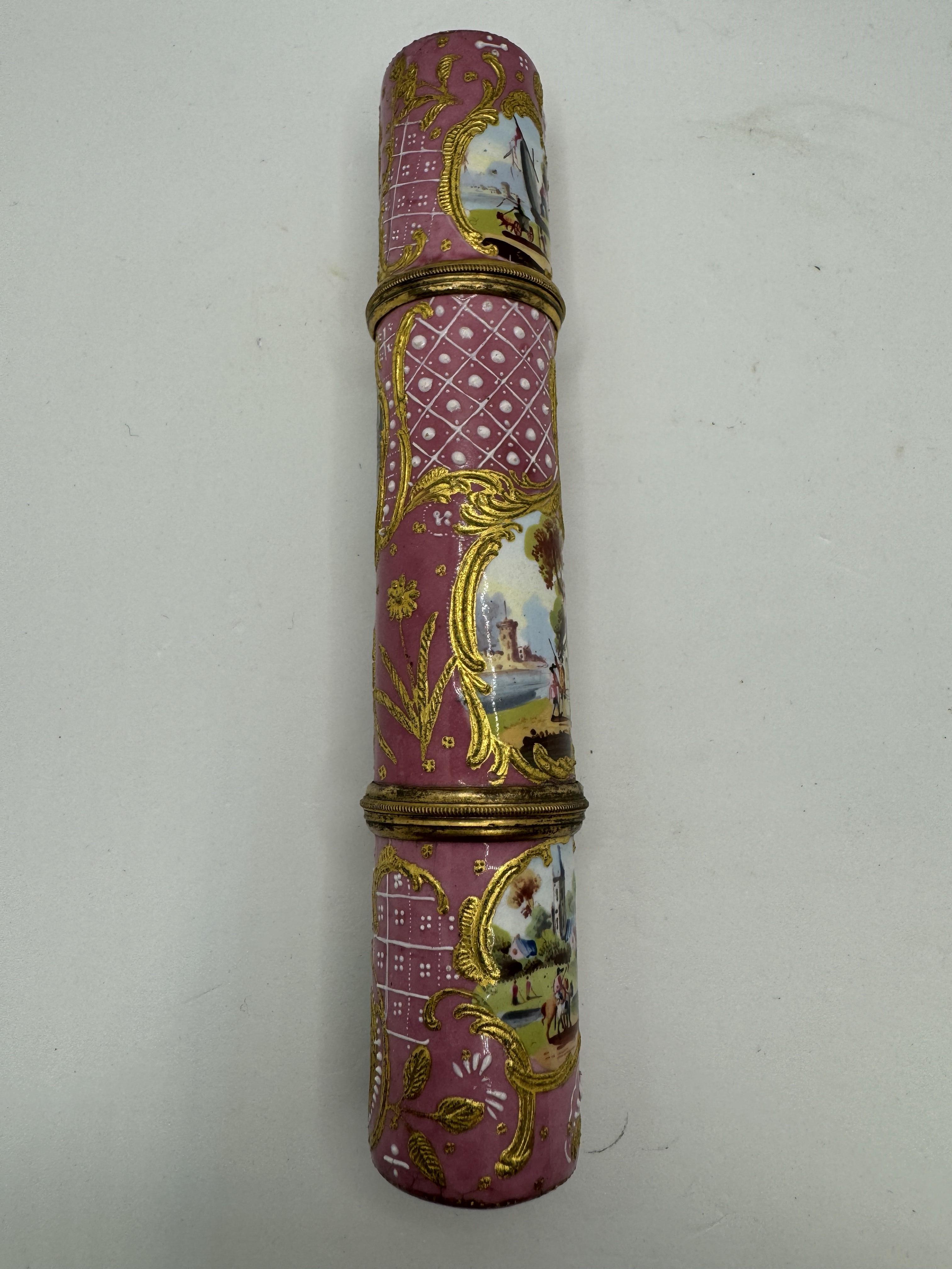 Mid-18th Century Antique Staffordshire Enamel Cylindrical Etui / Bodkin Case, circa 1765