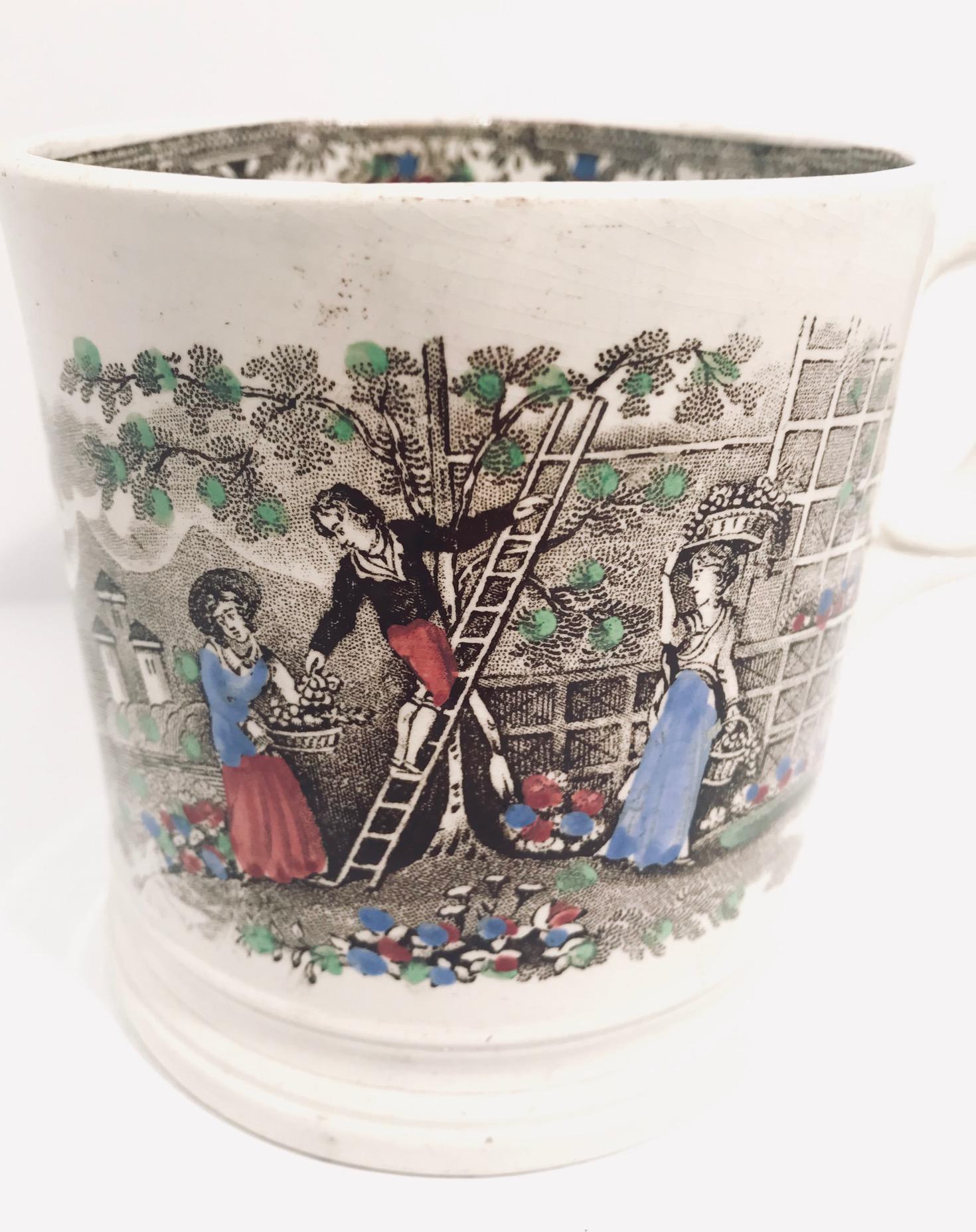 Early Victorian English Staffordshire Frog Mug with Hand Colored Garden Scenes, 19th Century For Sale