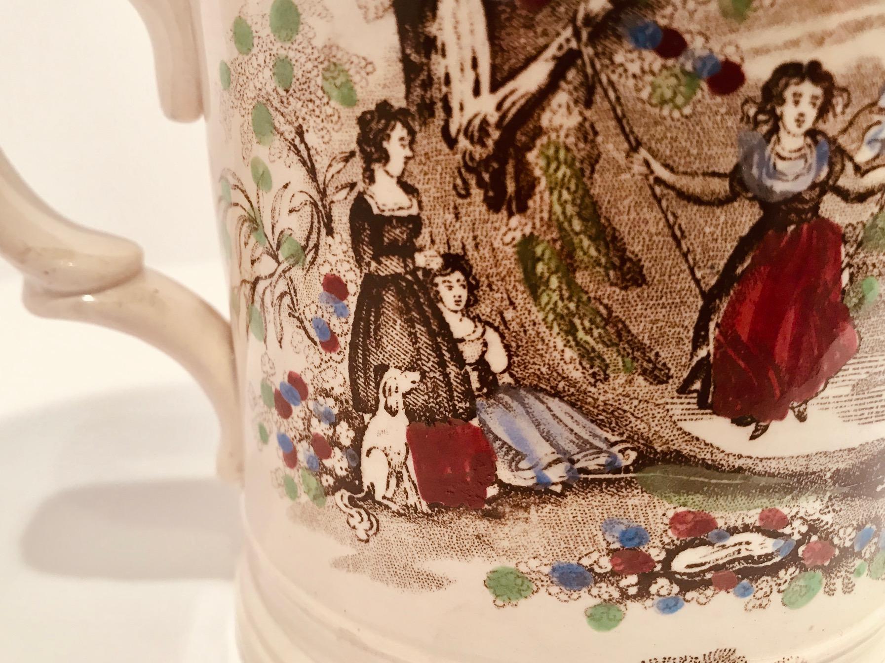 Hand-Crafted English Staffordshire Frog Mug with Hand Colored Garden Scenes, 19th Century For Sale