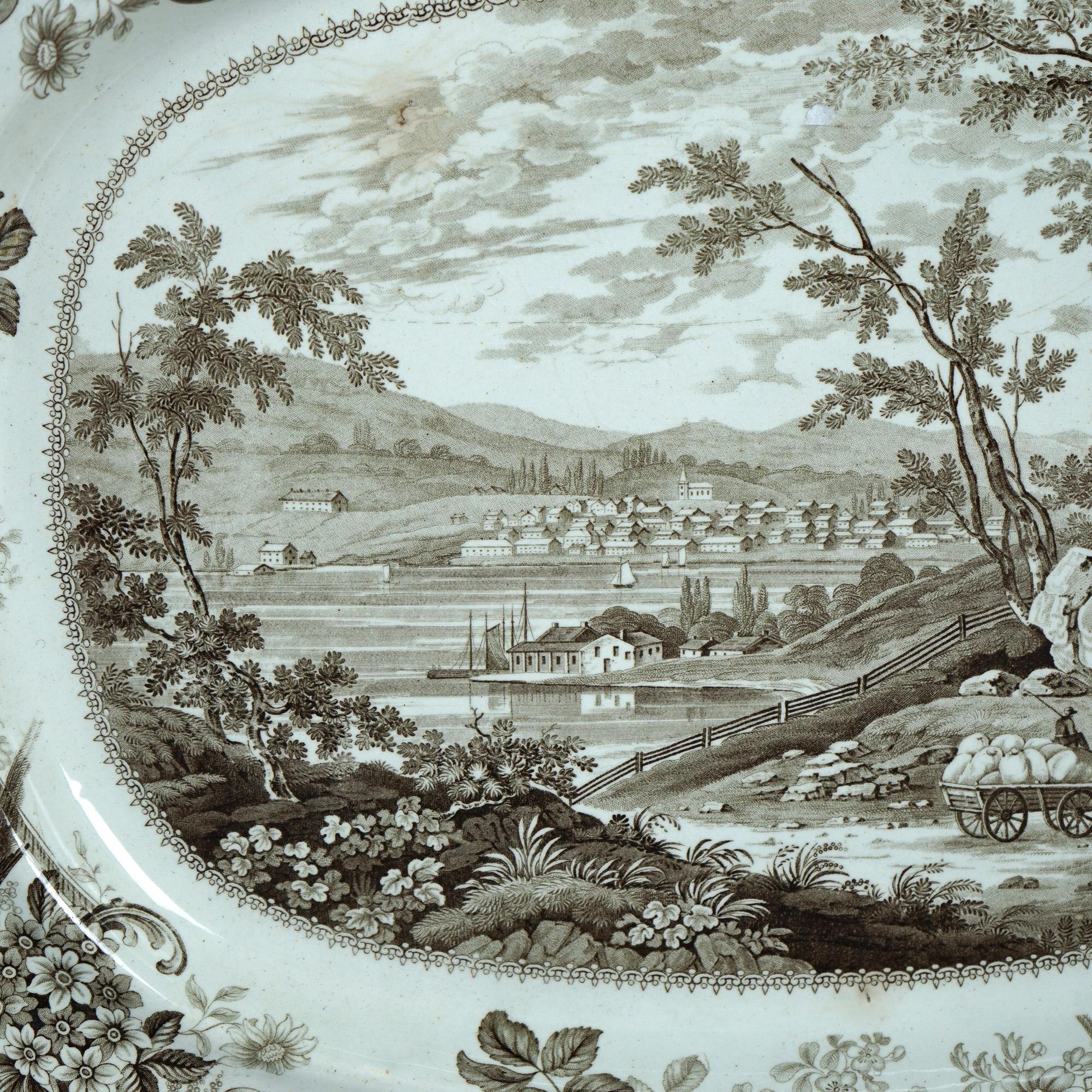 Antique English Staffordshire Historical Porcelain Serving Platter, Picturesque View of Newburg Hudson River,  Maker Stamped en verso, C1870

Measures- 1.5''H x 19.75''W x 16''D