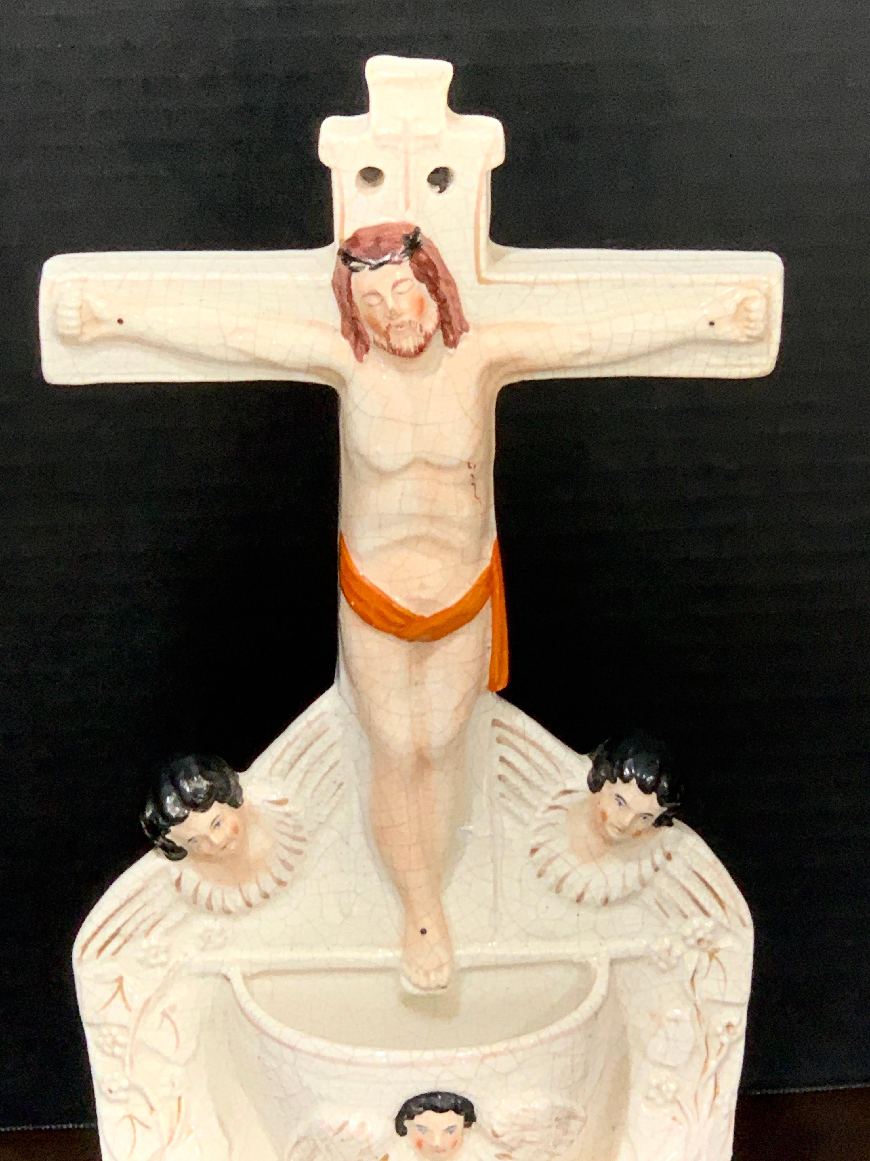 Antique Staffordshire Holy Water Font, Christ on the Cross, Flanked by angels.