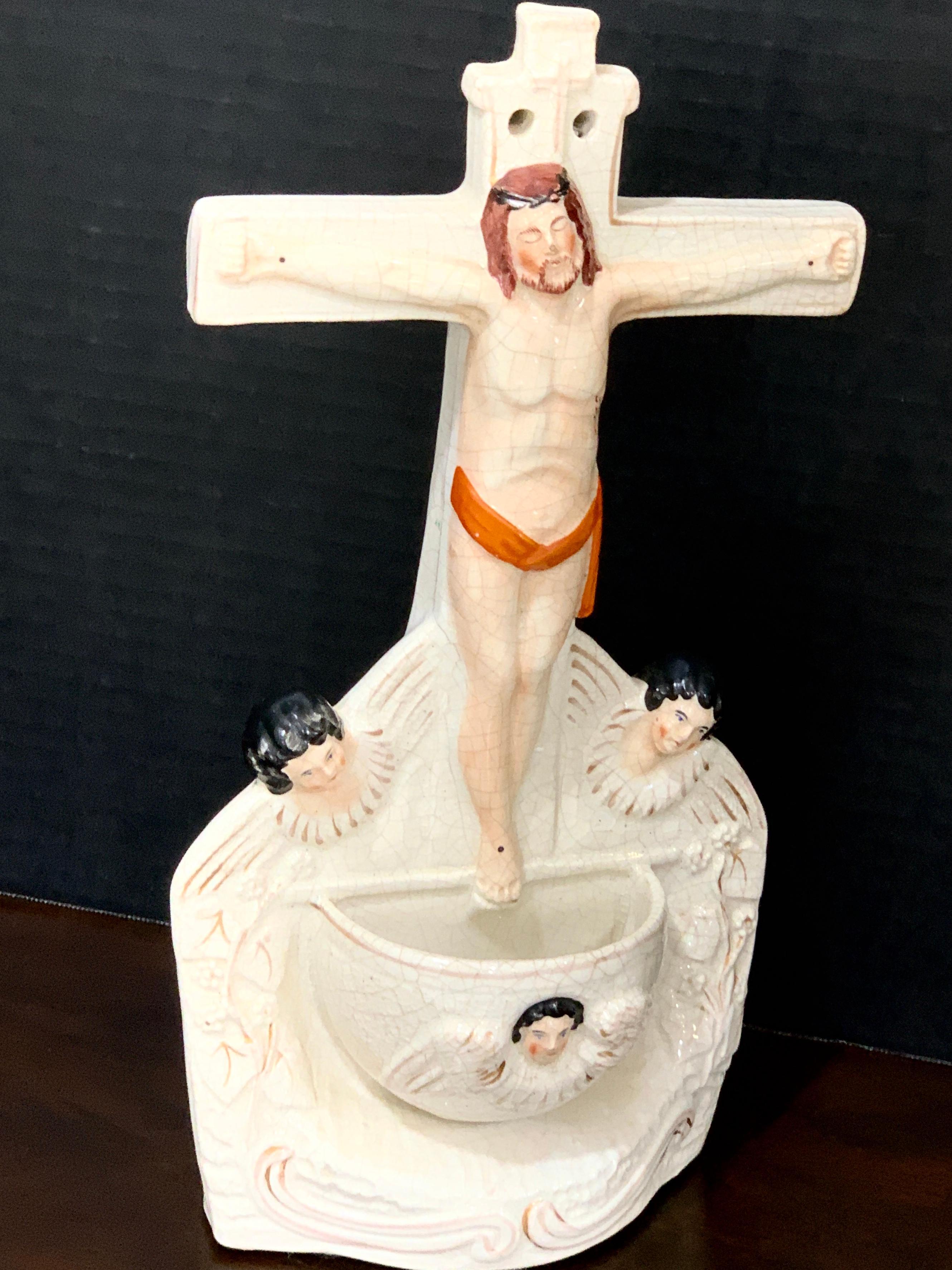 English Antique Staffordshire Holy Water Font, Christ on the Cross