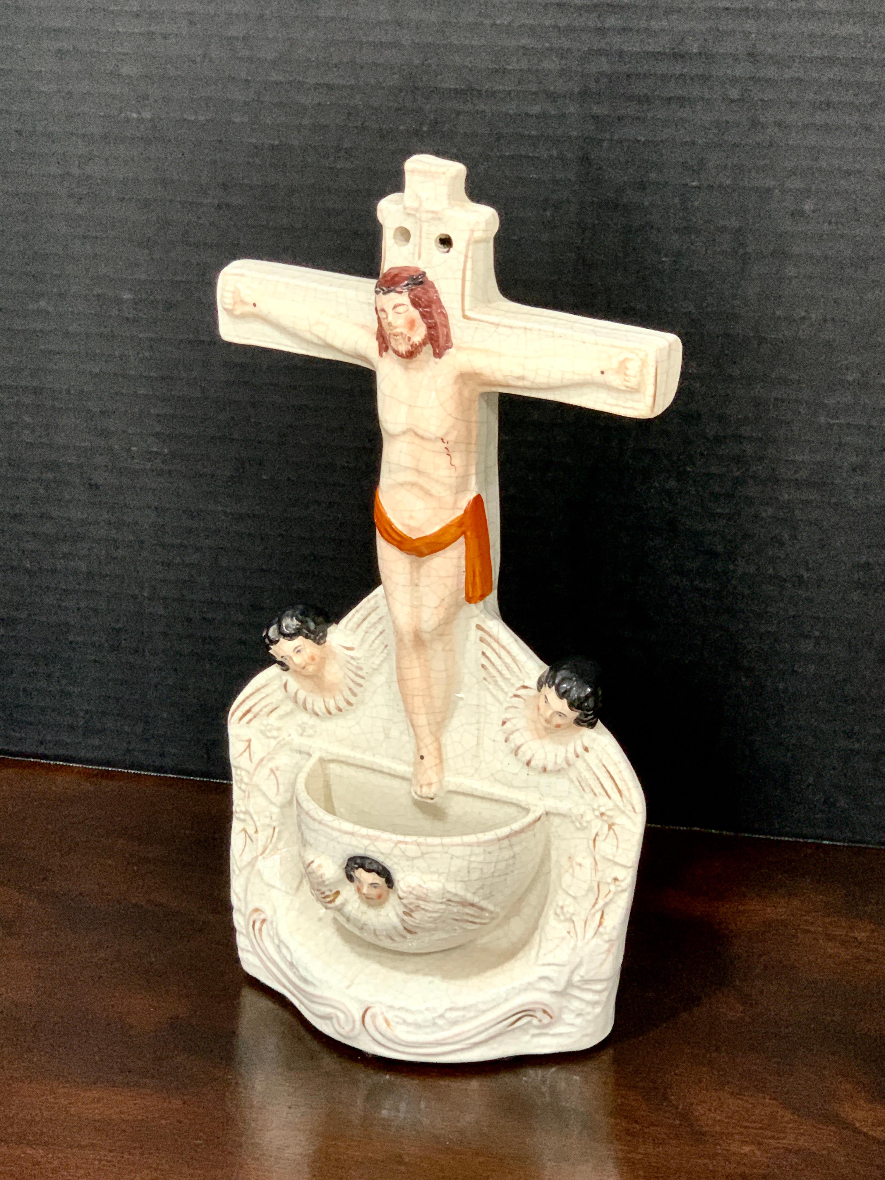 English Antique Staffordshire Holy Water Font, Christ on the Cross For Sale