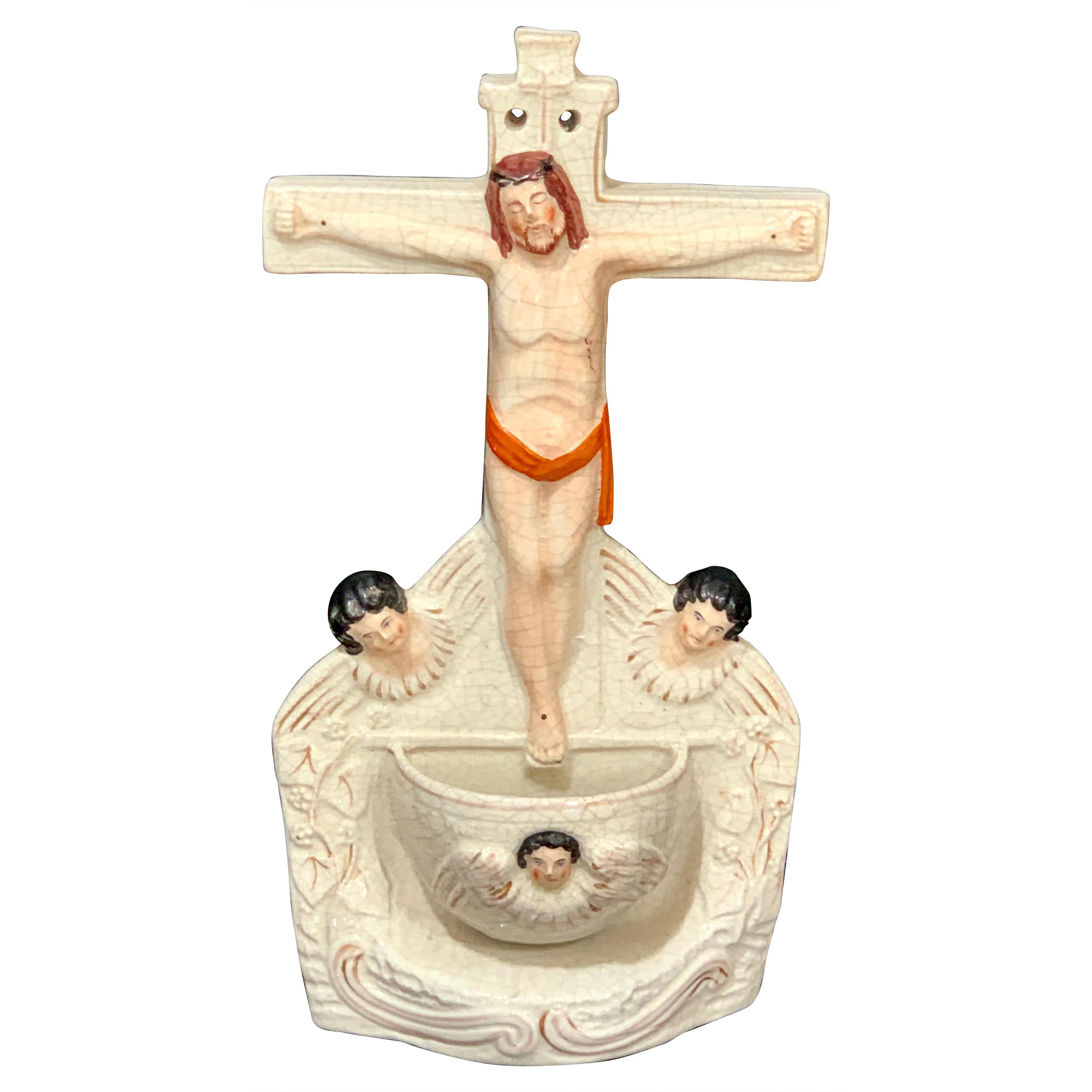 Antique Staffordshire Holy Water Font, Christ on the Cross For Sale