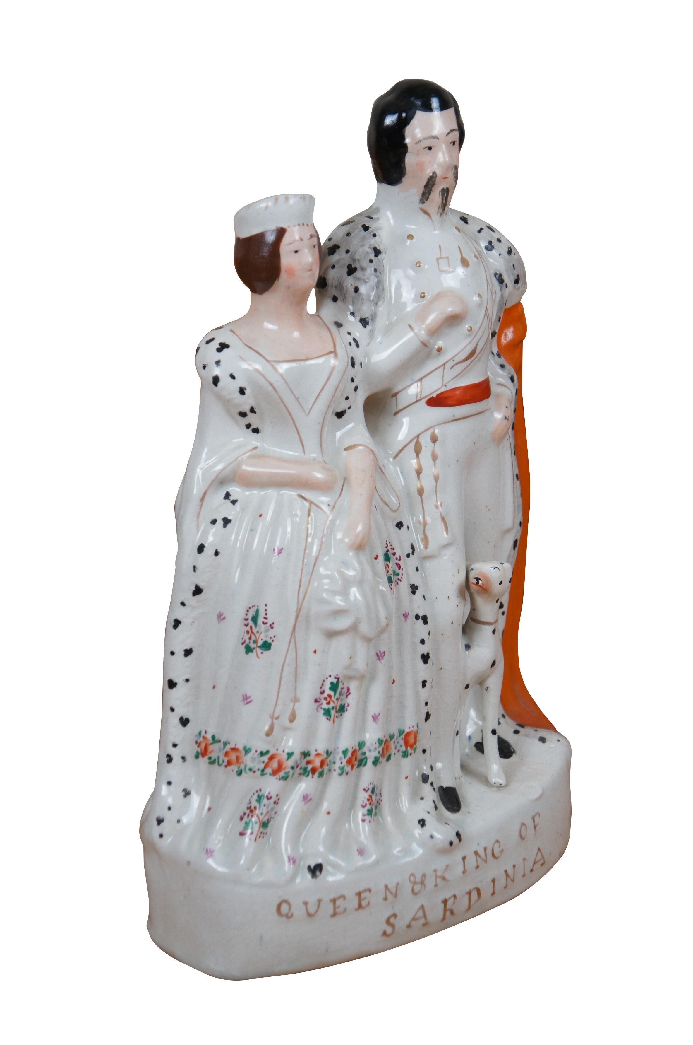 Victorien Antiquités Staffordshire Roi et Reine de Sardaigne avec chien dalmatien Figurine 13