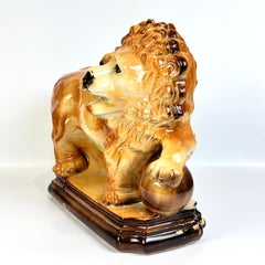 Antique Staffordshire Lion with Glass Eyes, Victorian Ceramic Sculpture, 19th C.