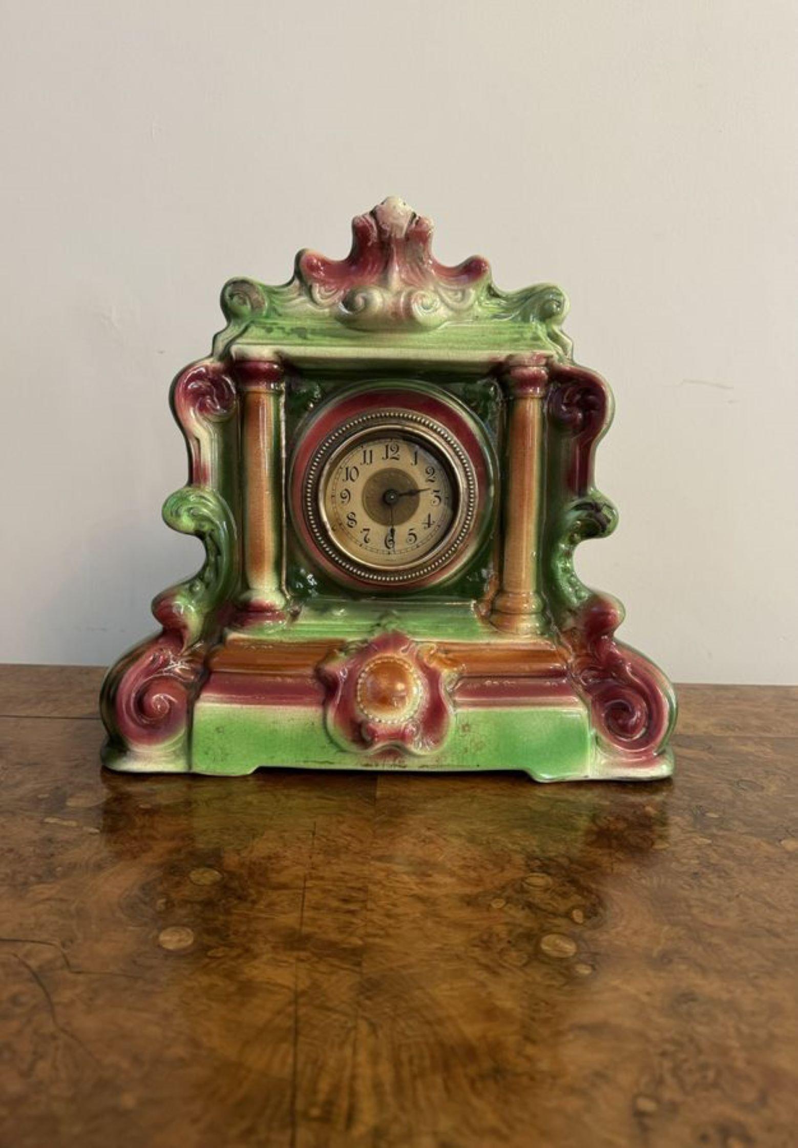 Antique Staffordshire mantle clock, having an antique Staffordshire mantle clock stamped to the base Strasberg ware, decorated in pretty green, pink and brown colours, with a shaped top standing on a square shaped base.
All clocks are fully serviced