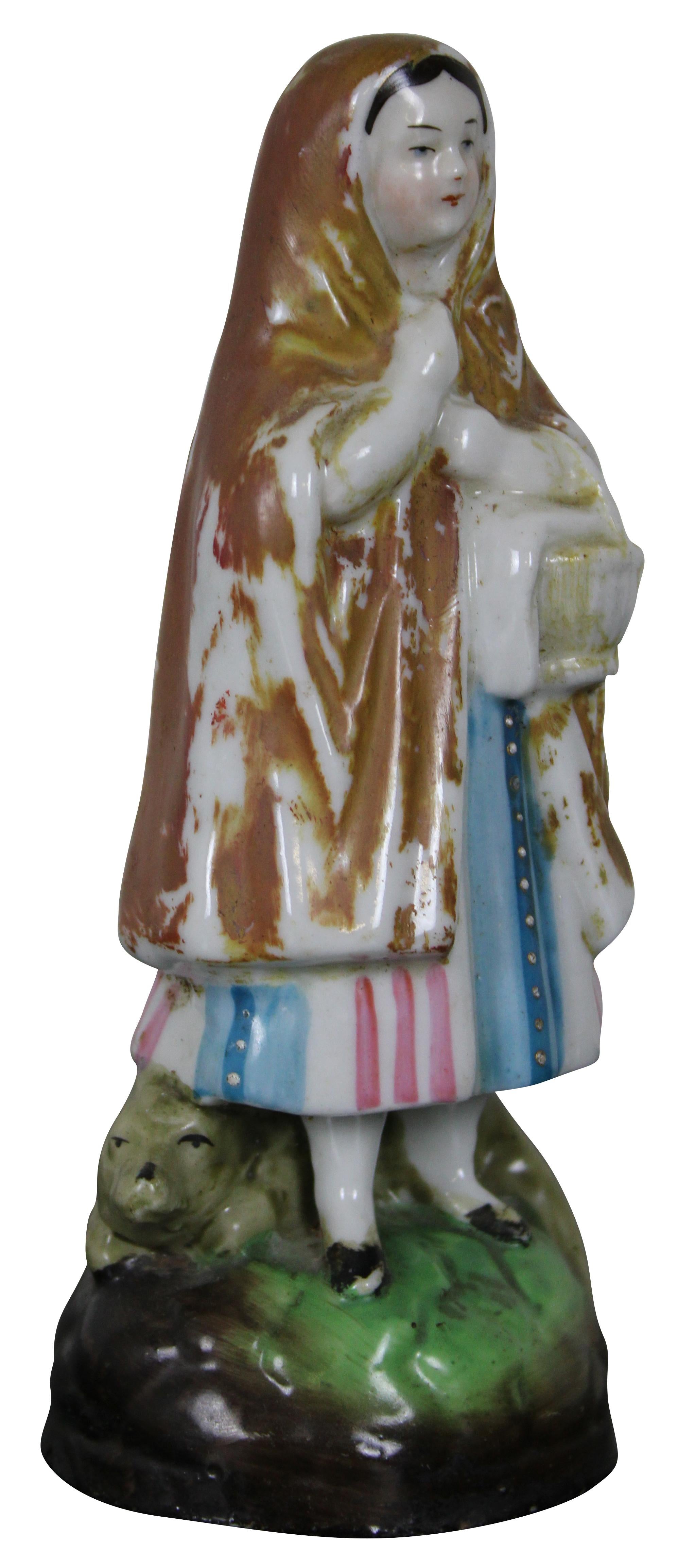 Victorian Antique Staffordshire Miniature Red Riding Hood Peasant Woman with Basket & Wolf