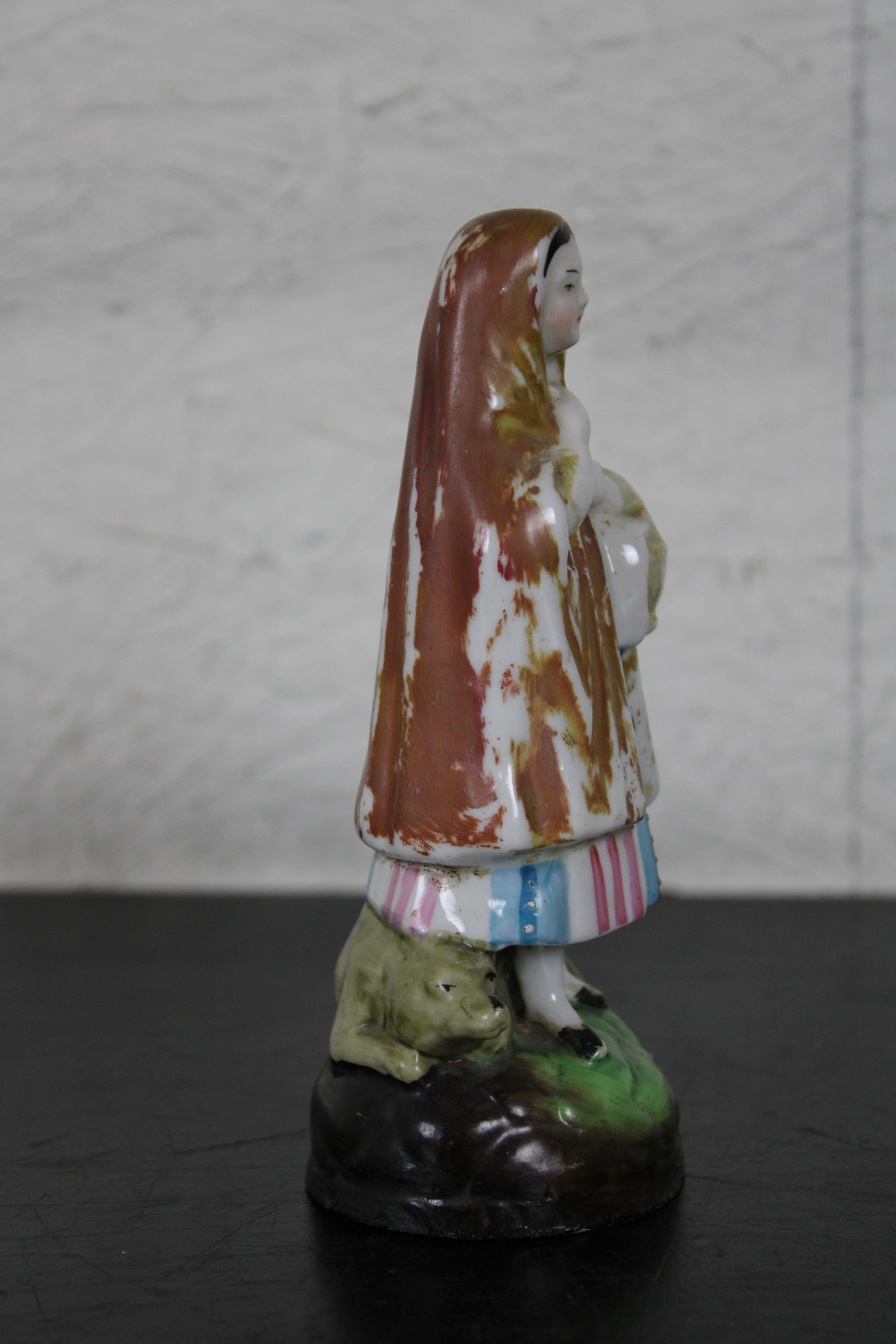 19th Century Antique Staffordshire Miniature Red Riding Hood Peasant Woman with Basket & Wolf