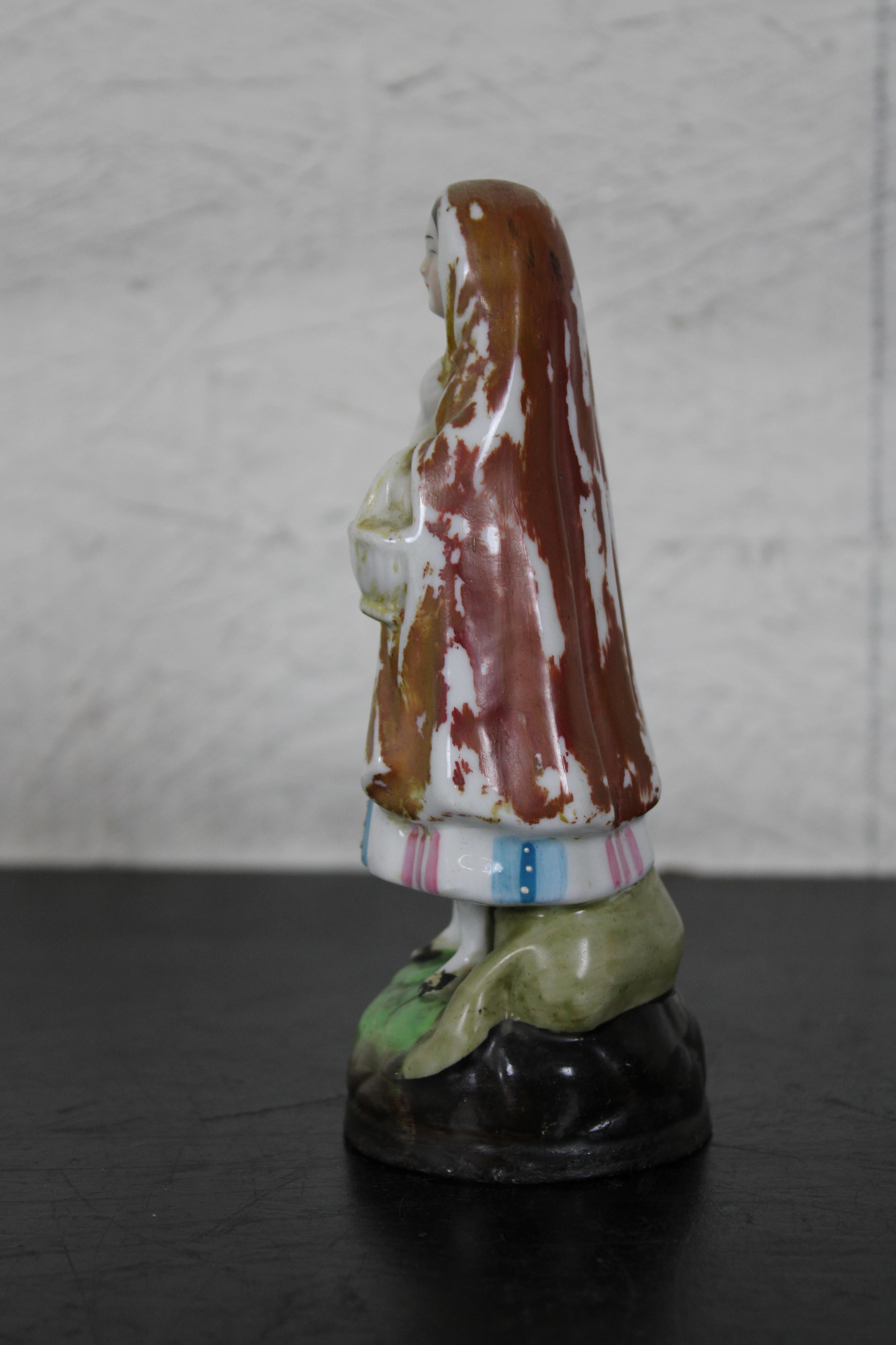 Porcelain Antique Staffordshire Miniature Red Riding Hood Peasant Woman with Basket & Wolf