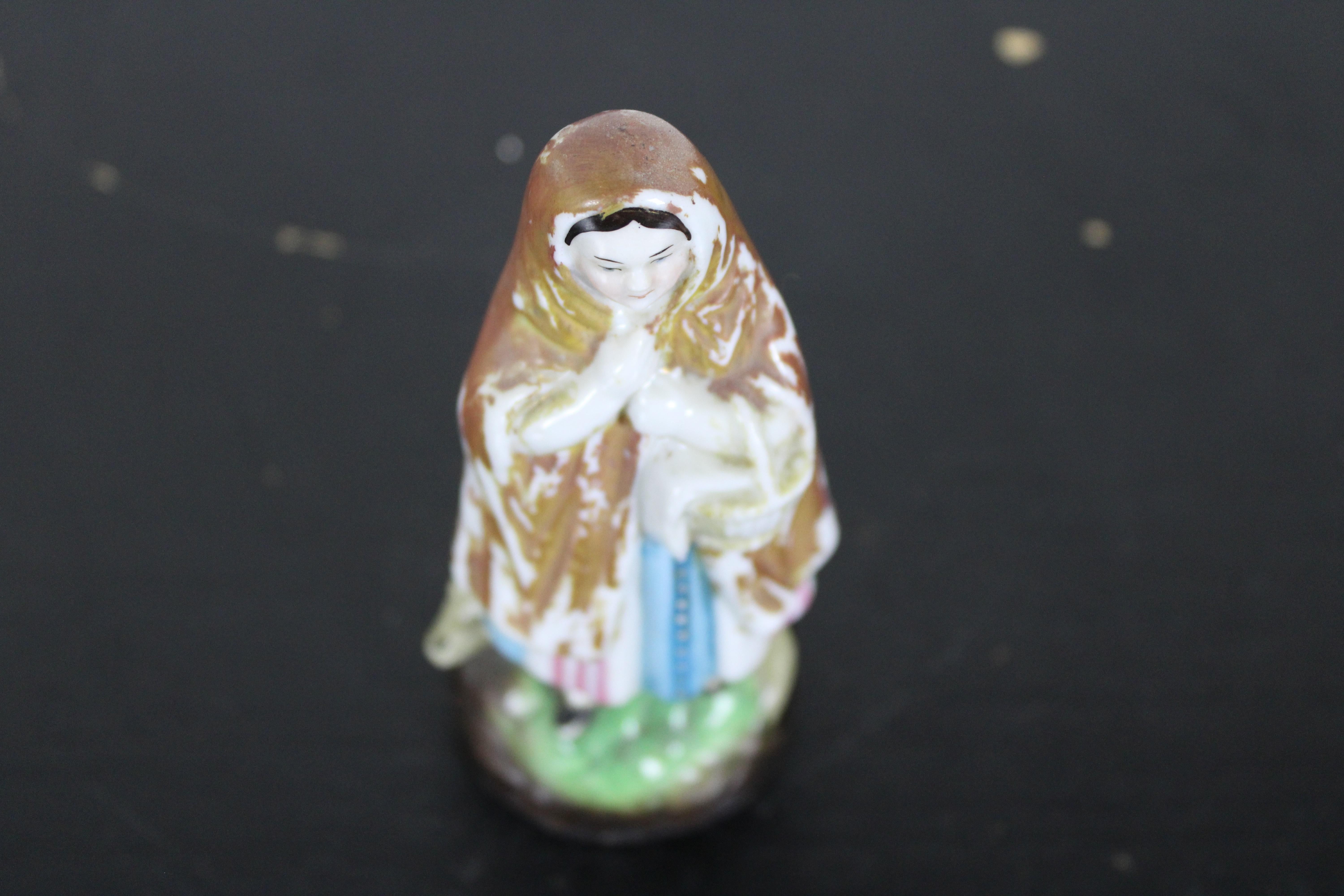 Antique Staffordshire Miniature Red Riding Hood Peasant Woman with Basket & Wolf 1